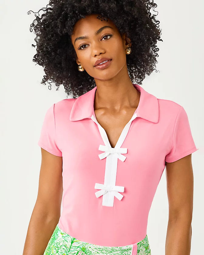 Lilly Pultizer UPF 50+ Luxletic Frida Bow Shirt-Conch Pink/White