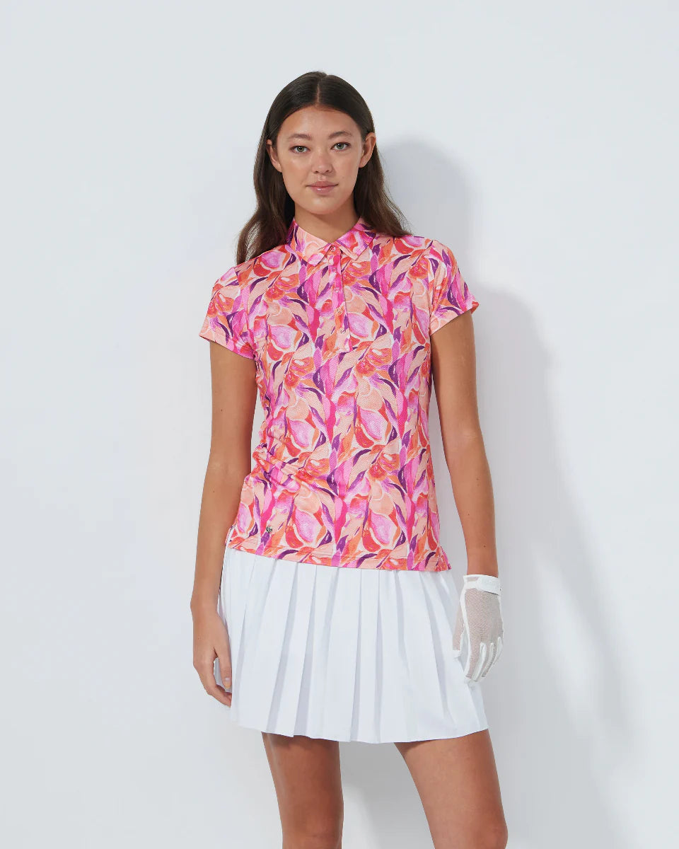 Daily Sports Sheermotion Cap Sleeve Polo Shirt-Artsy Leaf Print