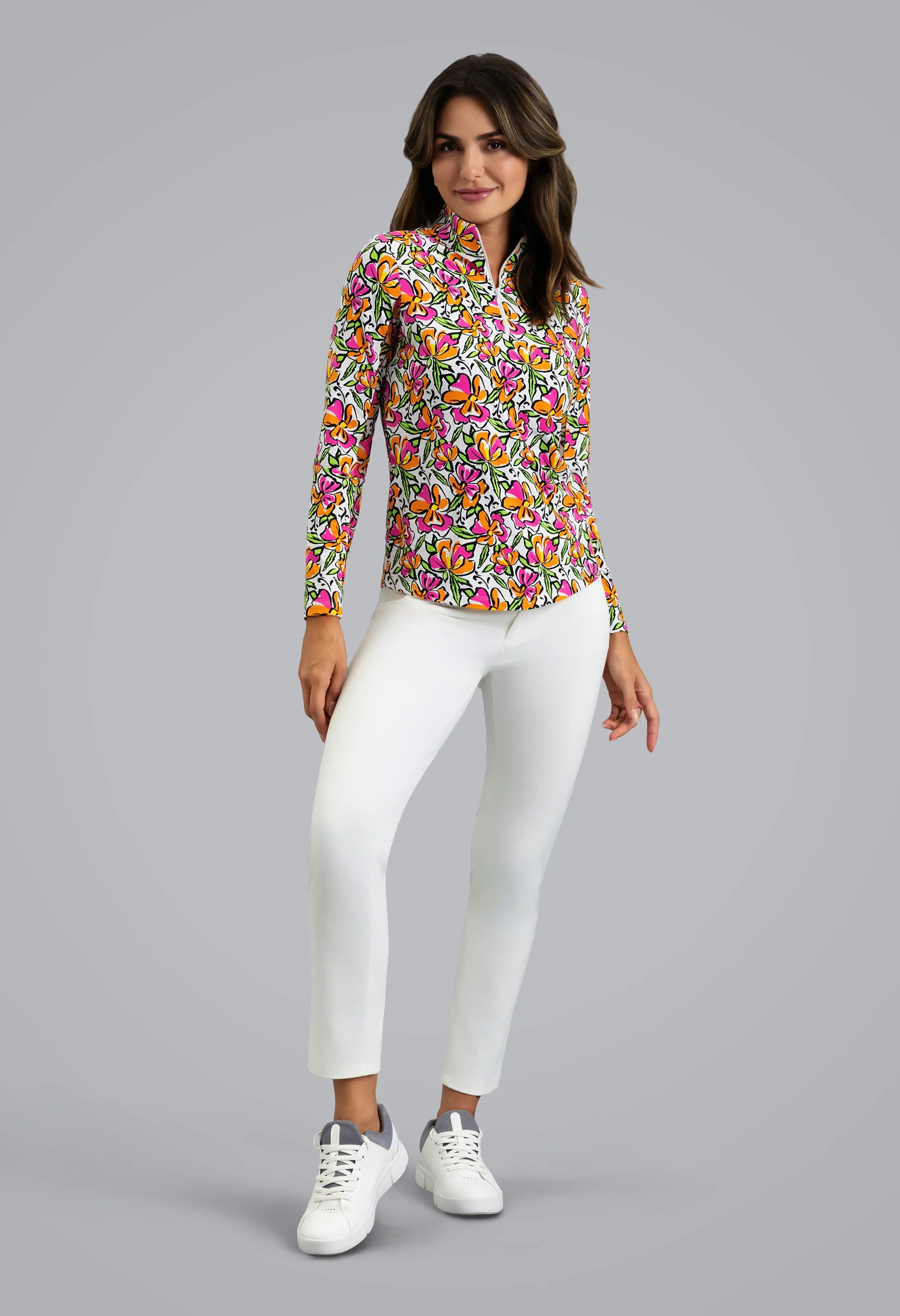 IBKUL Sonia Print Long Sleeve Mock Neck Sun Protection Shirt-Hot PInk/Orange