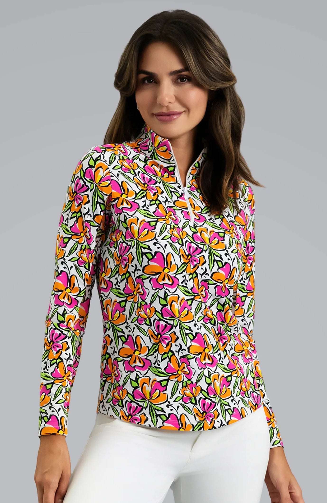 IBKUL Sonia Print Long Sleeve Mock Neck Sun Protection Shirt-Hot PInk/Orange