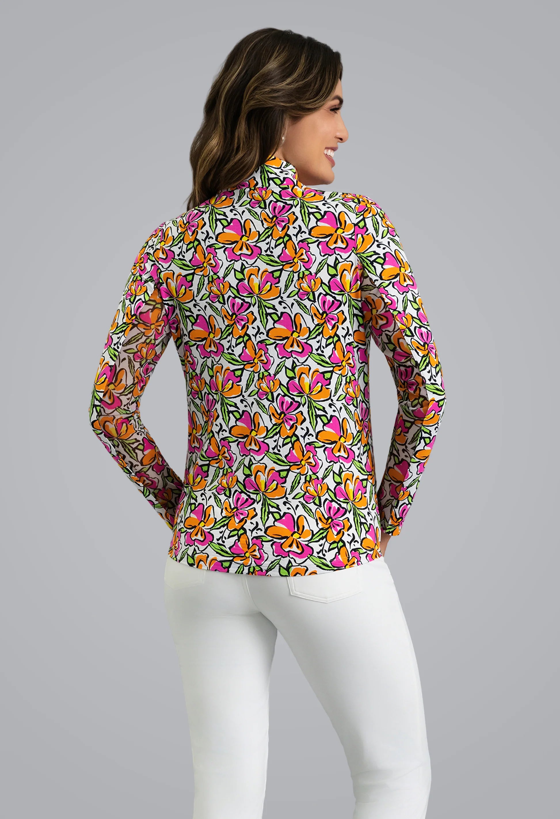 IBKUL Sonia Print Long Sleeve Mock Neck Sun Protection Shirt-Hot PInk/Orange