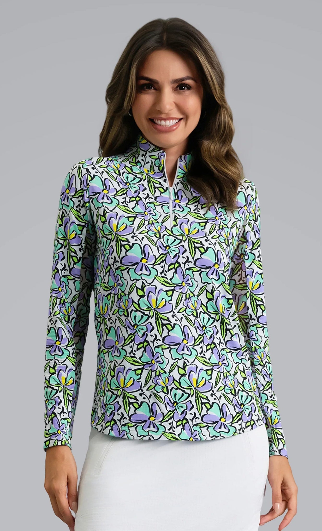 IBKUL Sonia Print Long Sleeve Mock Neck Sun Protection Shirt-Jade/Lavender