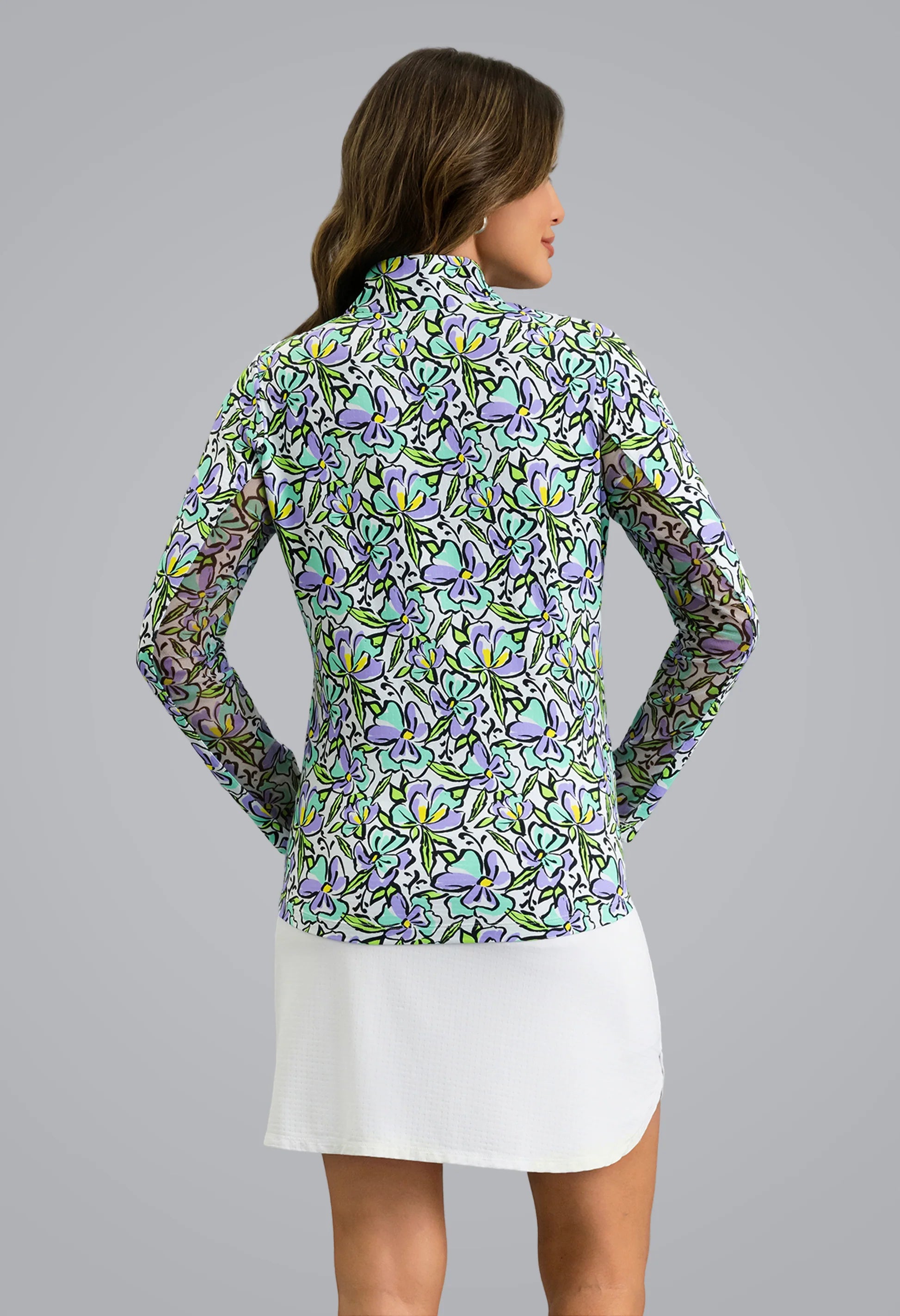 IBKUL Sonia Print Long Sleeve Mock Neck Sun Protection Shirt-Jade/Lavender