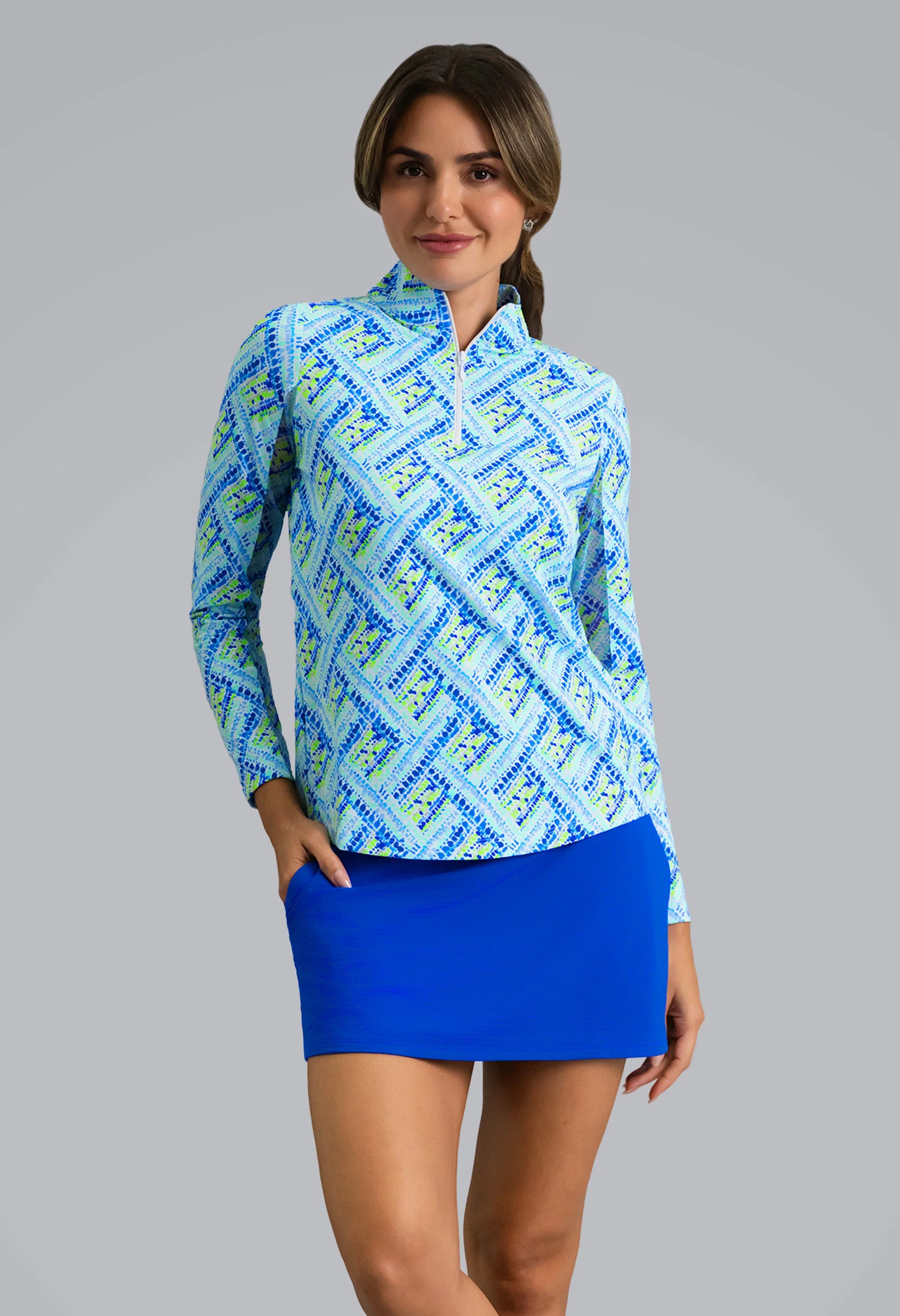 IBKUL Nina Print Long Sleeve Mock Neck Sun Protection Shirt-Blue