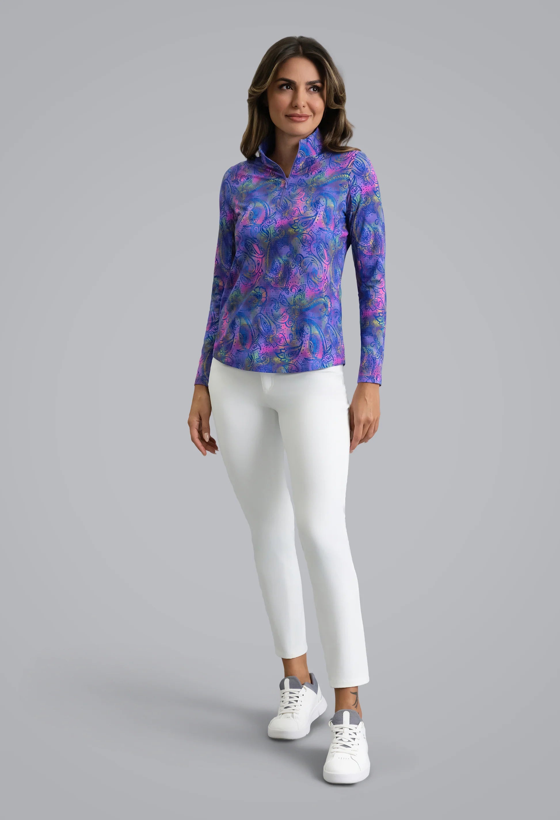 IBKUL Shannon Print Long Sleeve Mock Neck Sun Protection Shirt-Plum