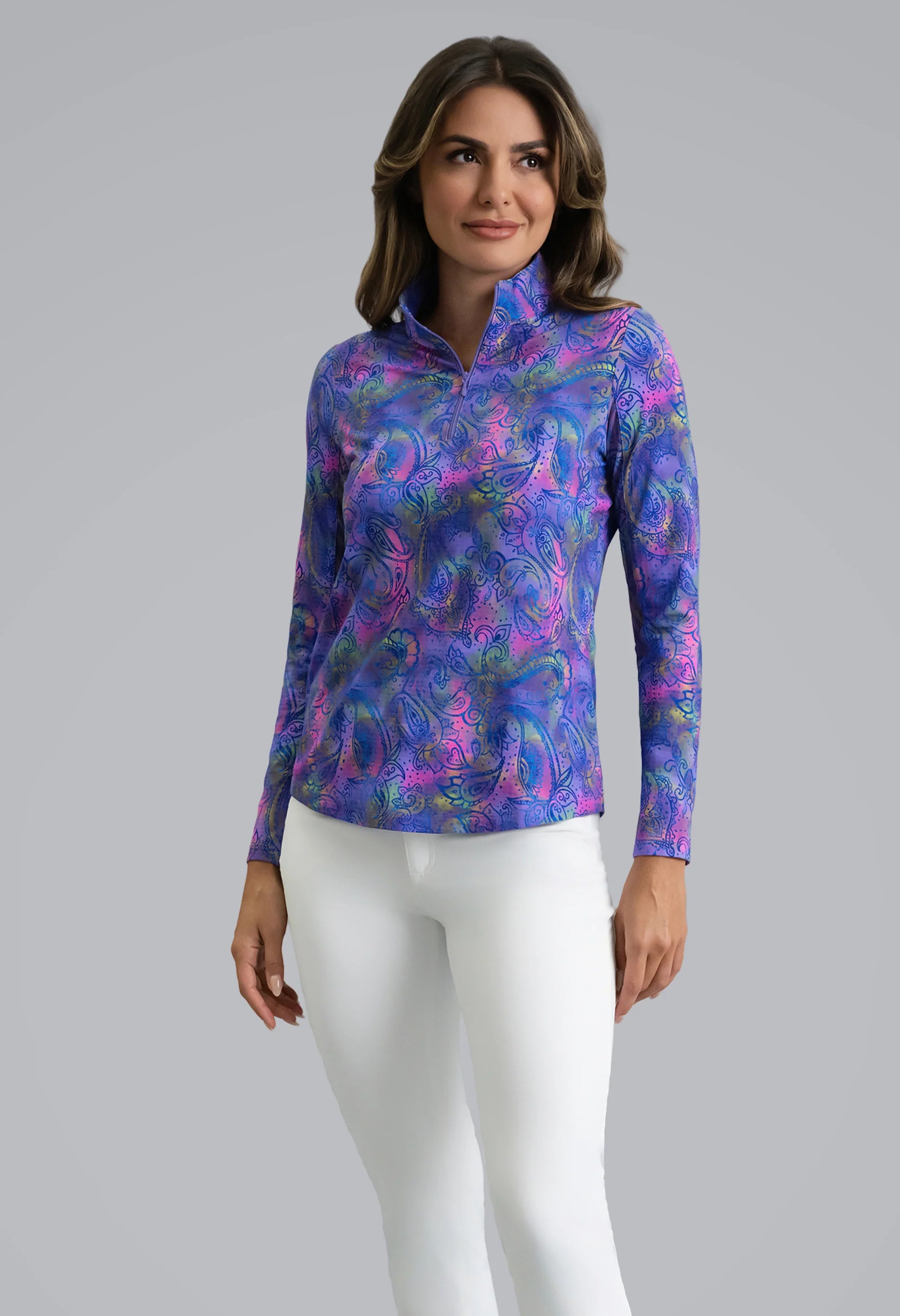 IBKUL Shannon Print Long Sleeve Mock Neck Sun Protection Shirt-Plum