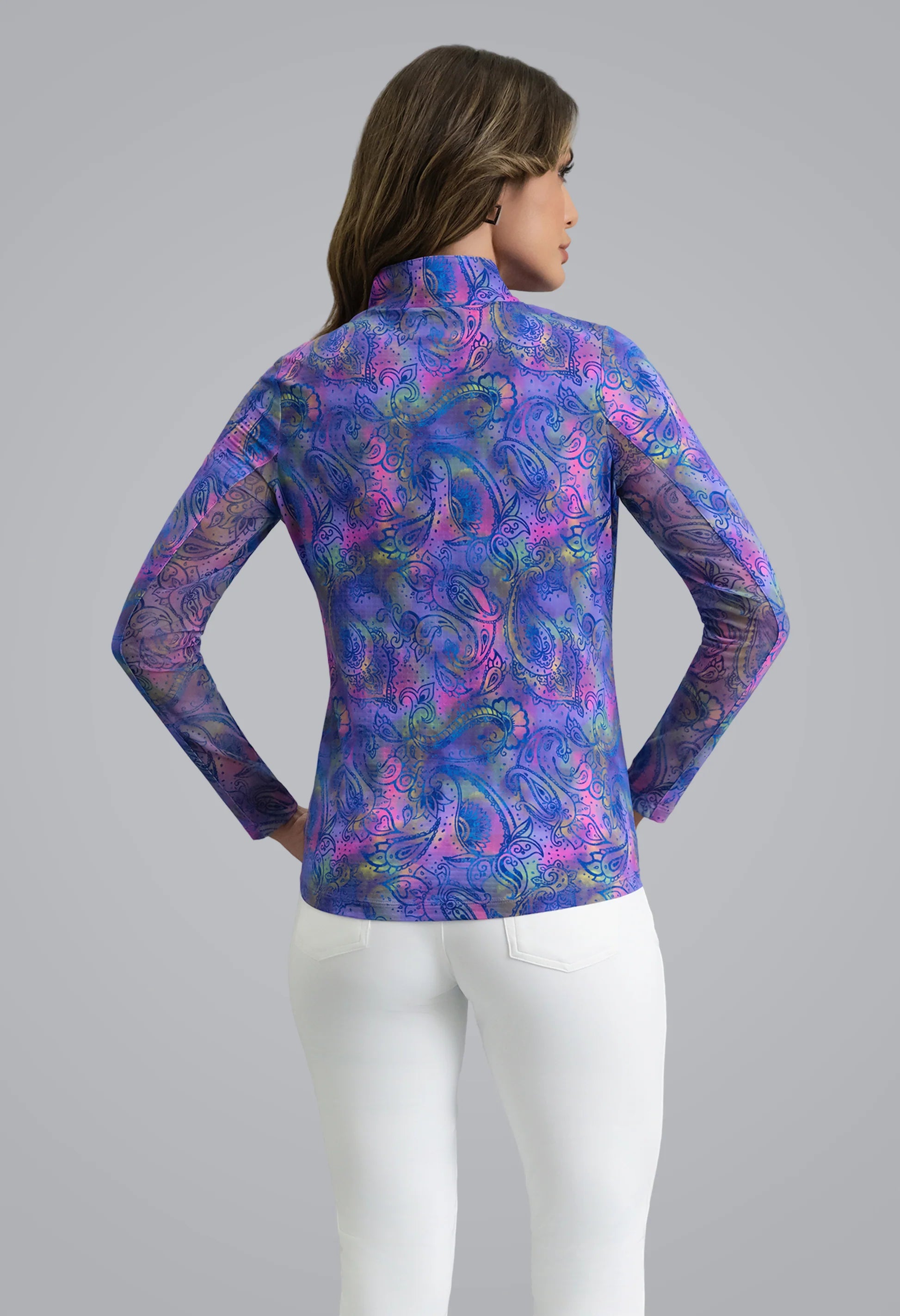 IBKUL Shannon Print Long Sleeve Mock Neck Sun Protection Shirt-Plum