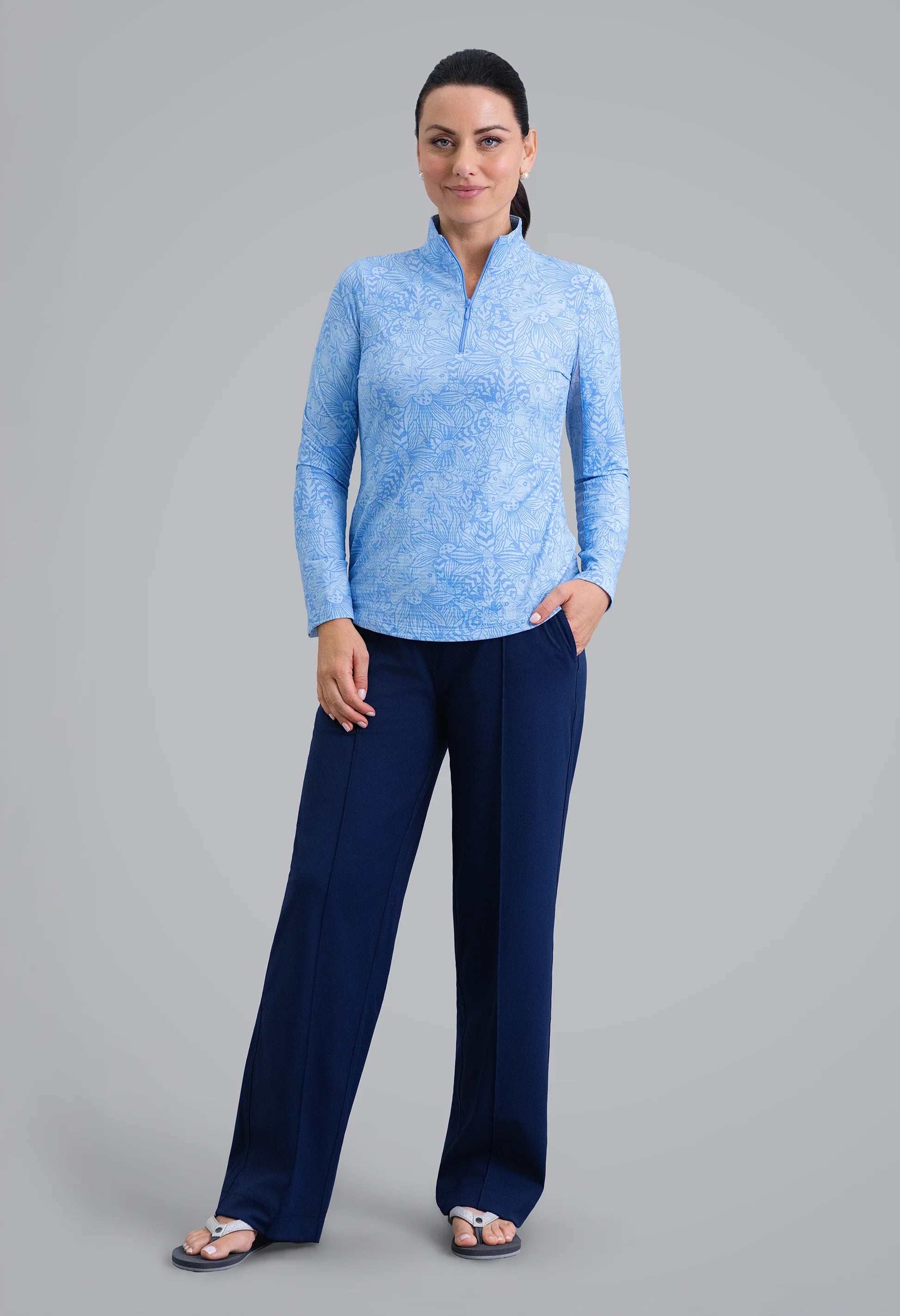 IBKUL Annie Print Long Sleeve Mock Neck Sun Protection Shirt-Periwinkle
