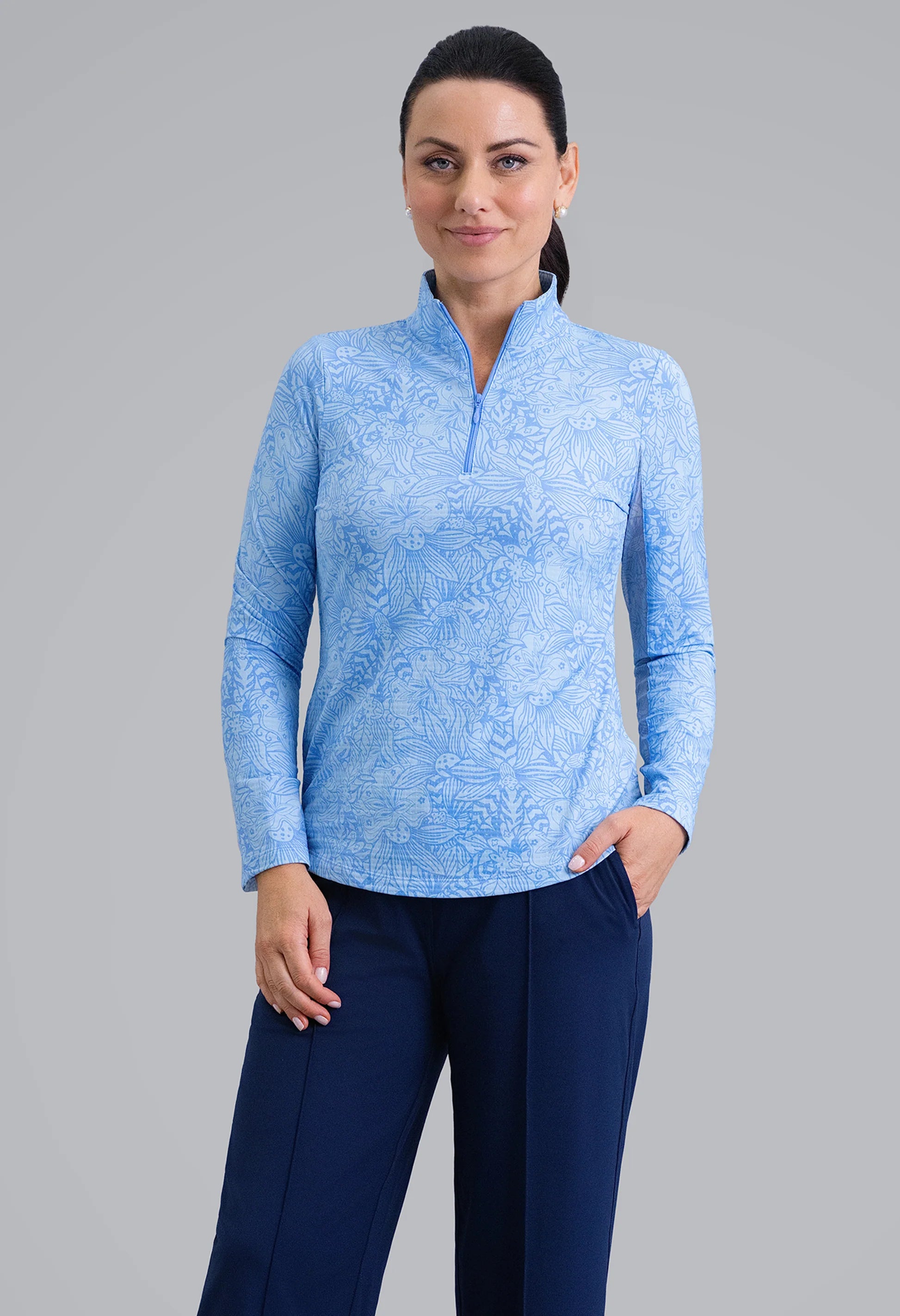 IBKUL Annie Print Long Sleeve Mock Neck Sun Protection Shirt-Periwinkle