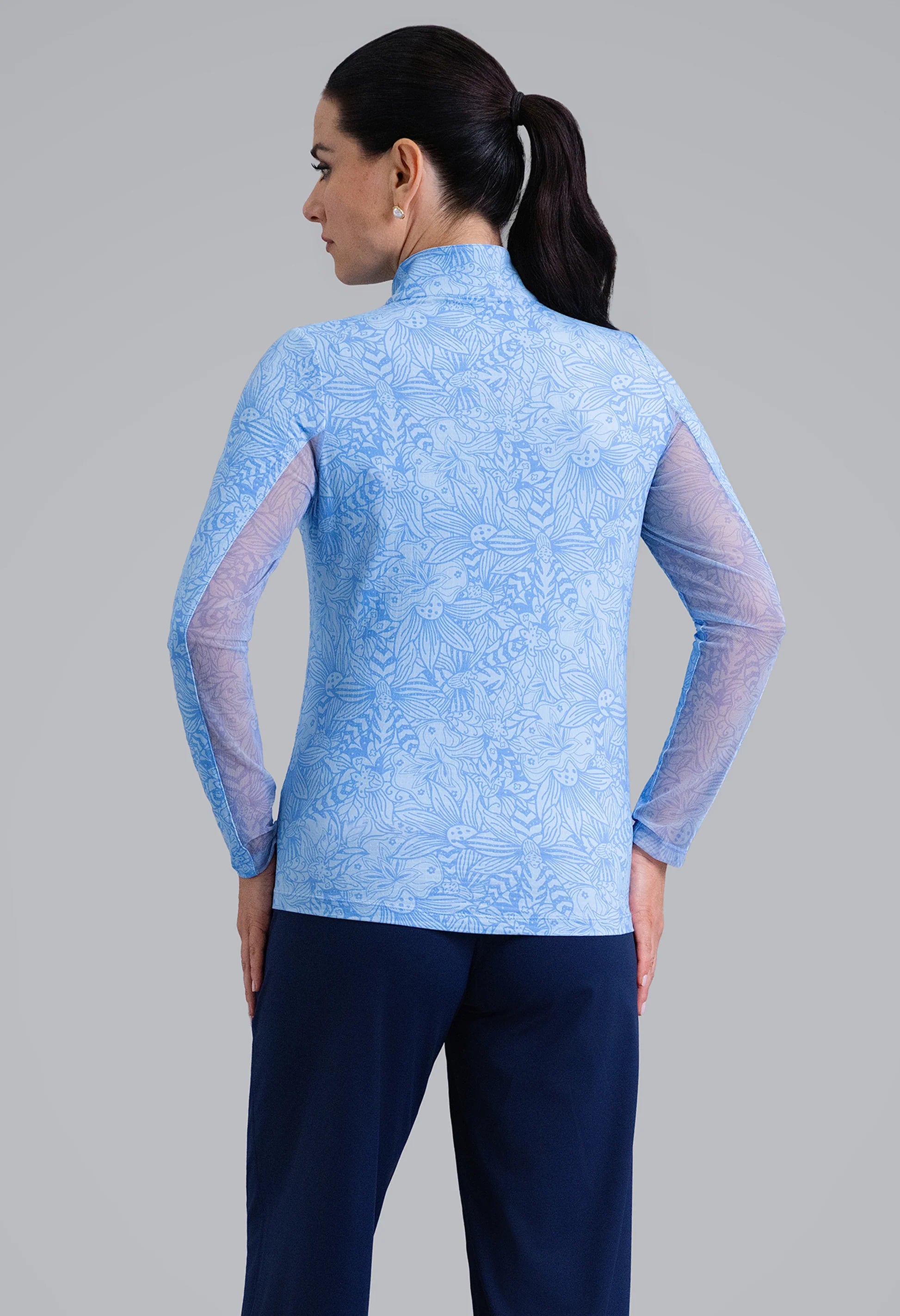 IBKUL Annie Print Long Sleeve Mock Neck Sun Protection Shirt-Periwinkle