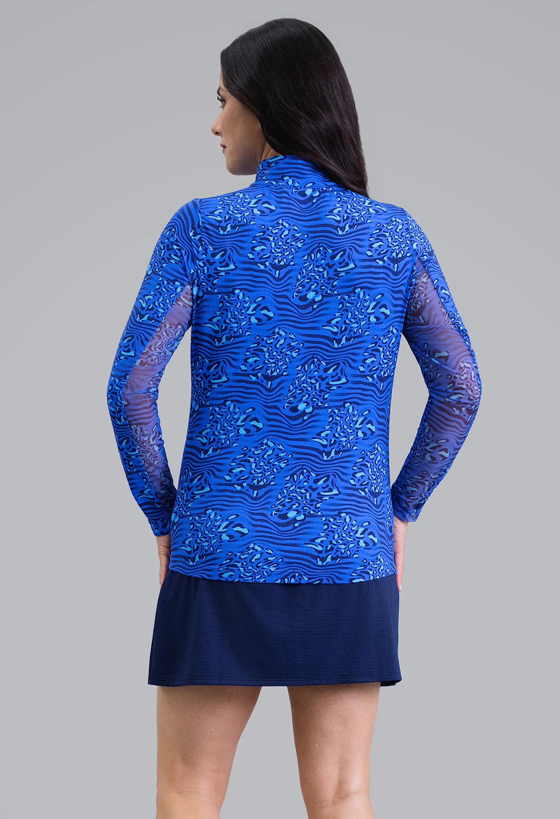 IBKUL Yun Print Long Sleeve Mock Neck Sun Protection Shirt-Blue