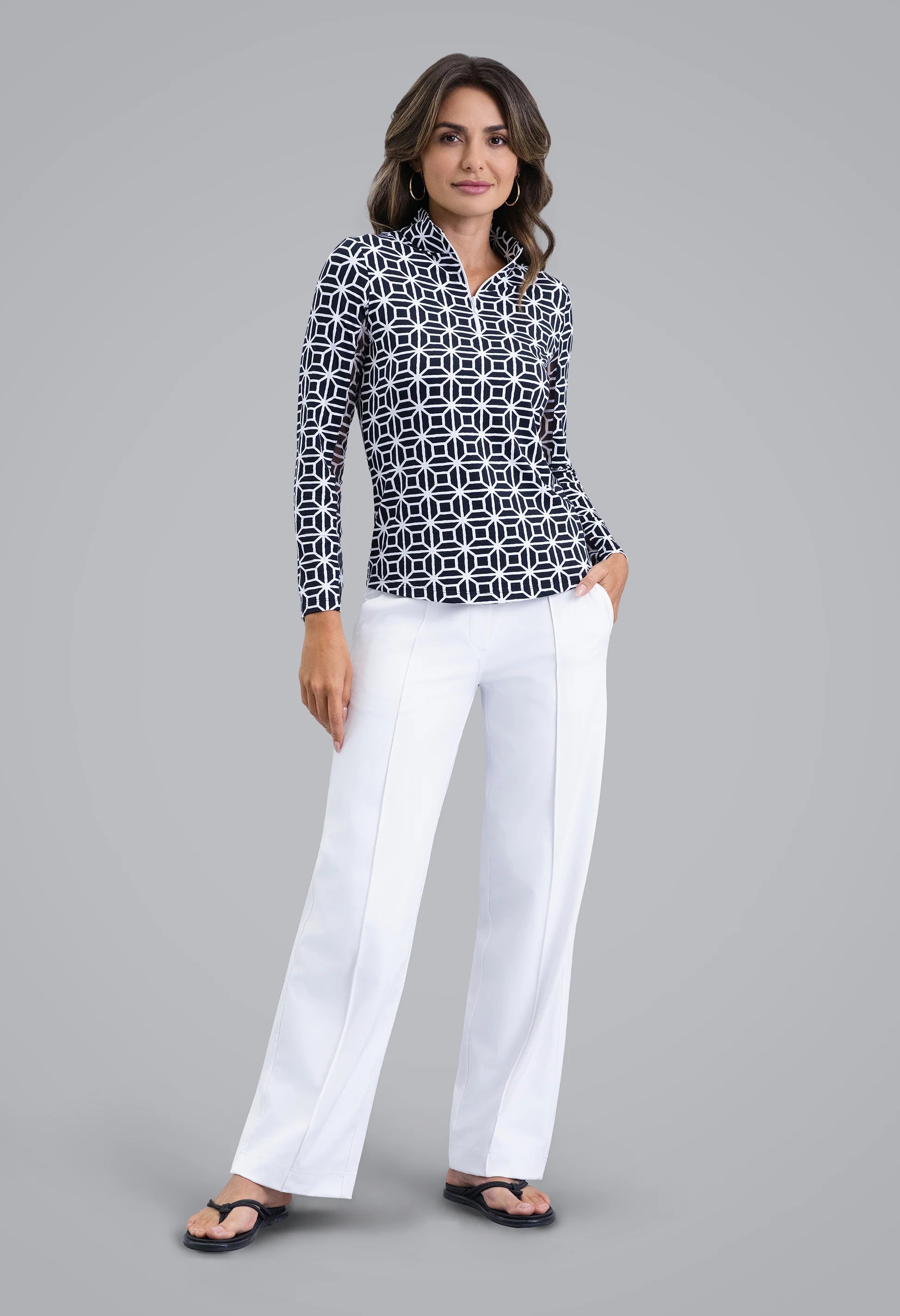 IBKUL Carolyn Print Long Sleeve Mock Neck Sun Protection Shirt-Black