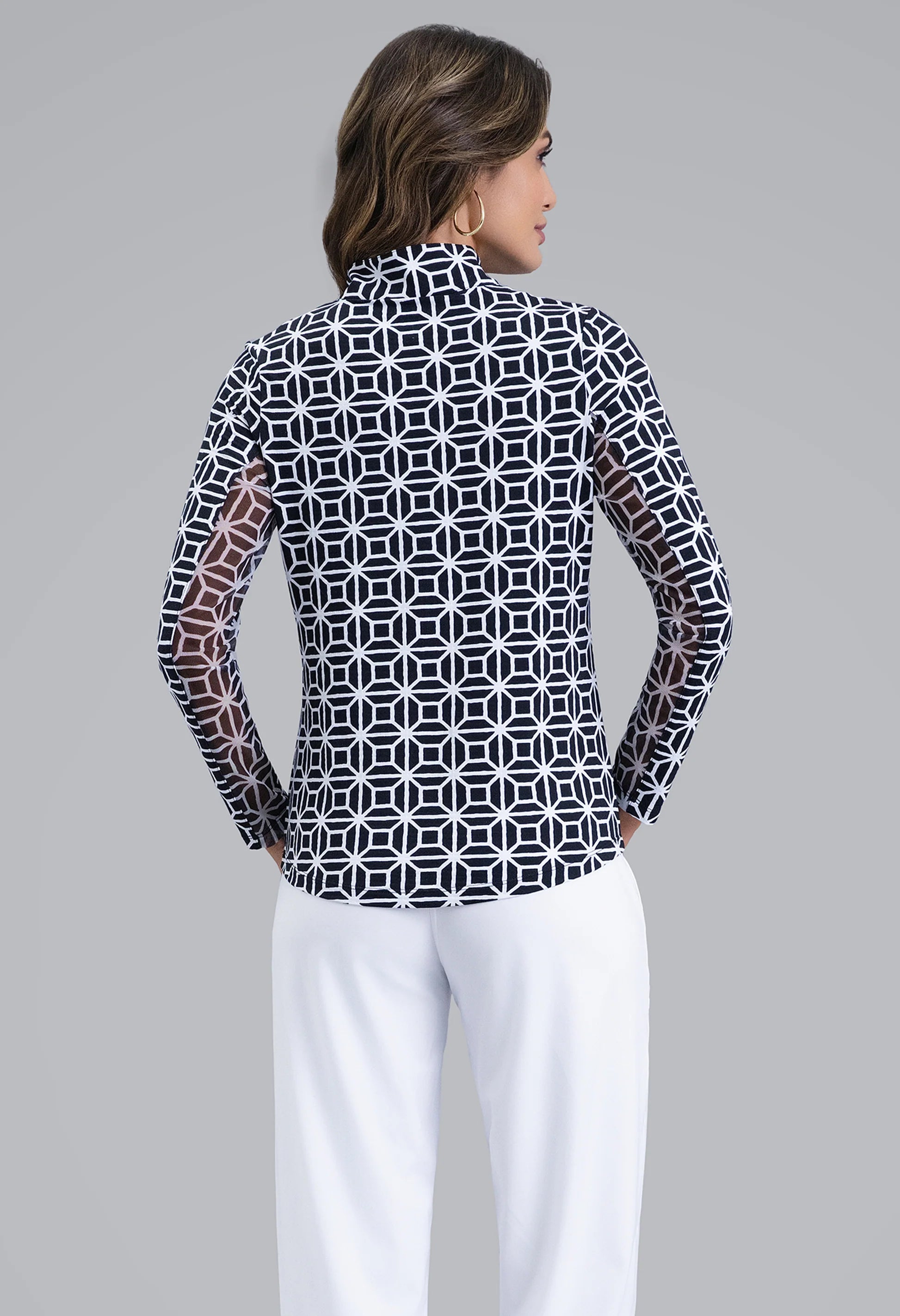 IBKUL Carolyn Print Long Sleeve Mock Neck Sun Protection Shirt-Black