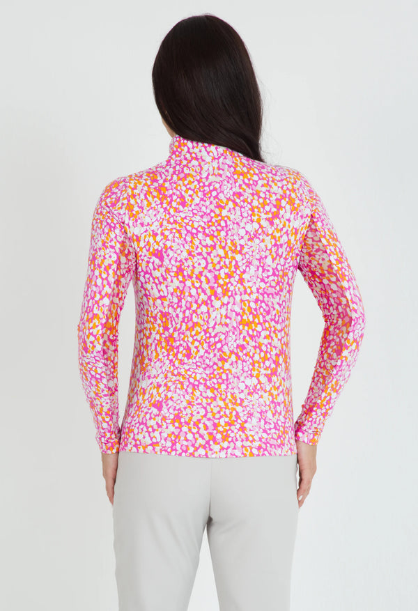 IBKUL Naomi Print Long Sleeve Mock Neck Shirt-Hot Pink