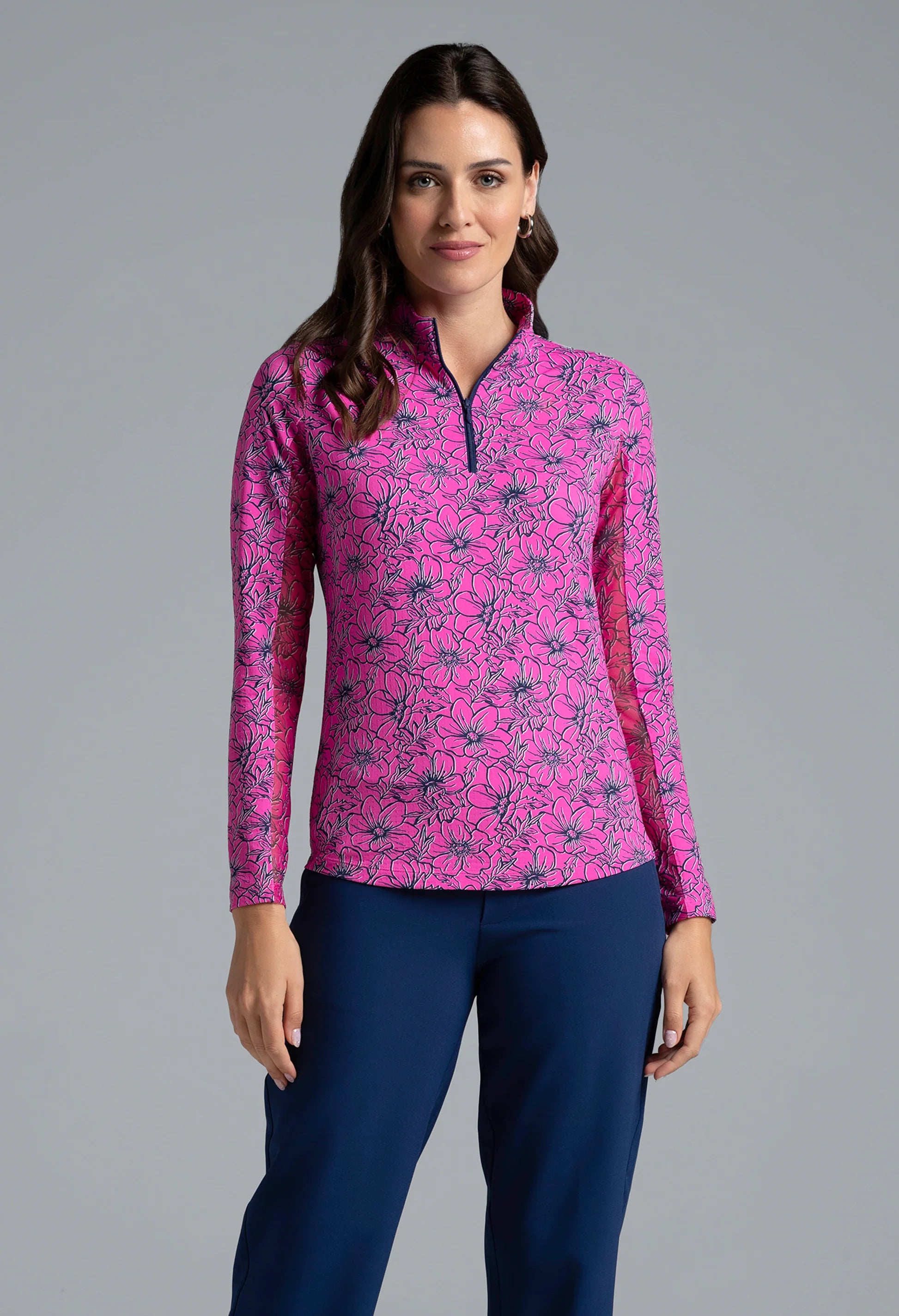 IBKUL Diana Print Long Sleeve Mock Neck Sun Protection Shirt-Hot Pink/Navy
