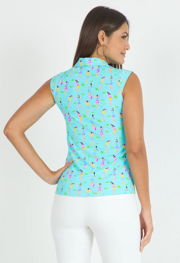 IBKUL Women's Girls Golf Print Sleeveless Golf Sun Shirt-Seafoam