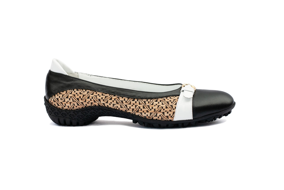 Walter Genuin Women's Paris Spikeless Slip On Golf Shoes-Black/raffia