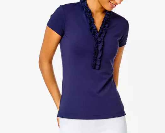 Lilly Pultizer Frida Ruffle Women's Short Sleeve Shirt-White, Navy, Pink, Blue, Coral