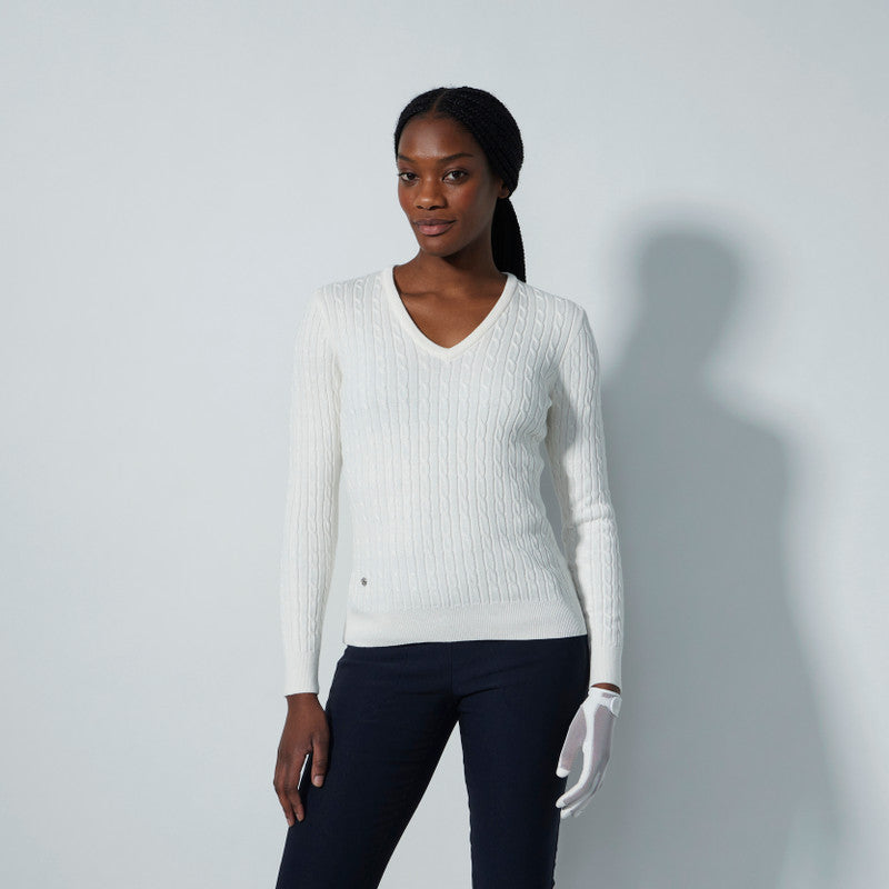 Daily Golf Madelene Long Sleeve Cable Sweater-Off White and Navy