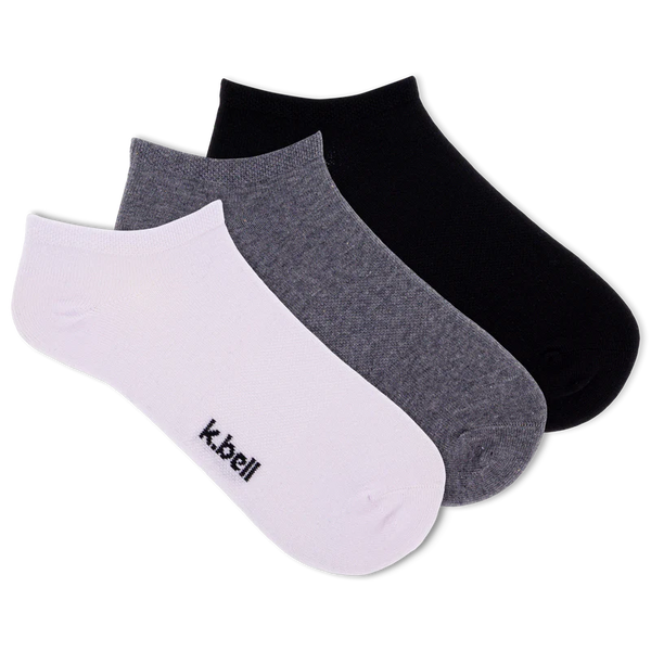 K. Bell Women's No Show Socks-3 Pair Pack-White/Black/Gray