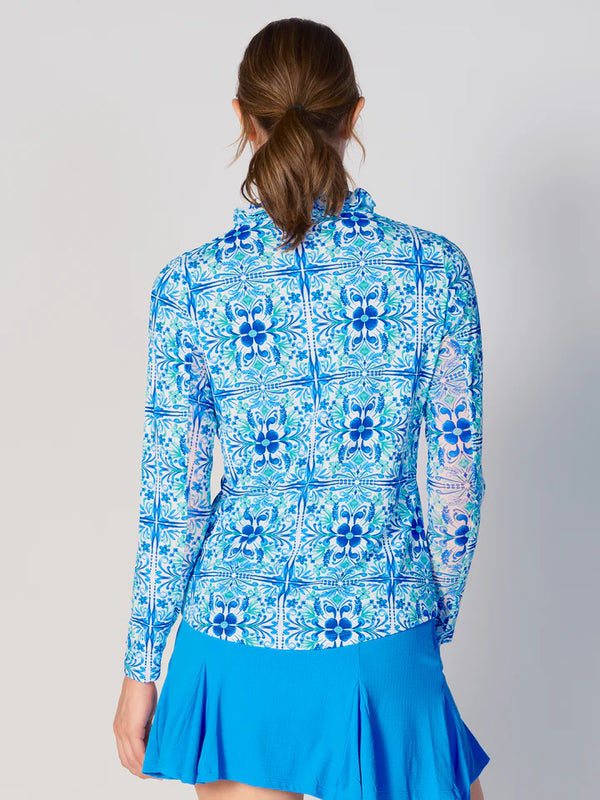 Gottex Long Sleeve Double Ruffle Tile Blue Print Long Sleeve Shirt