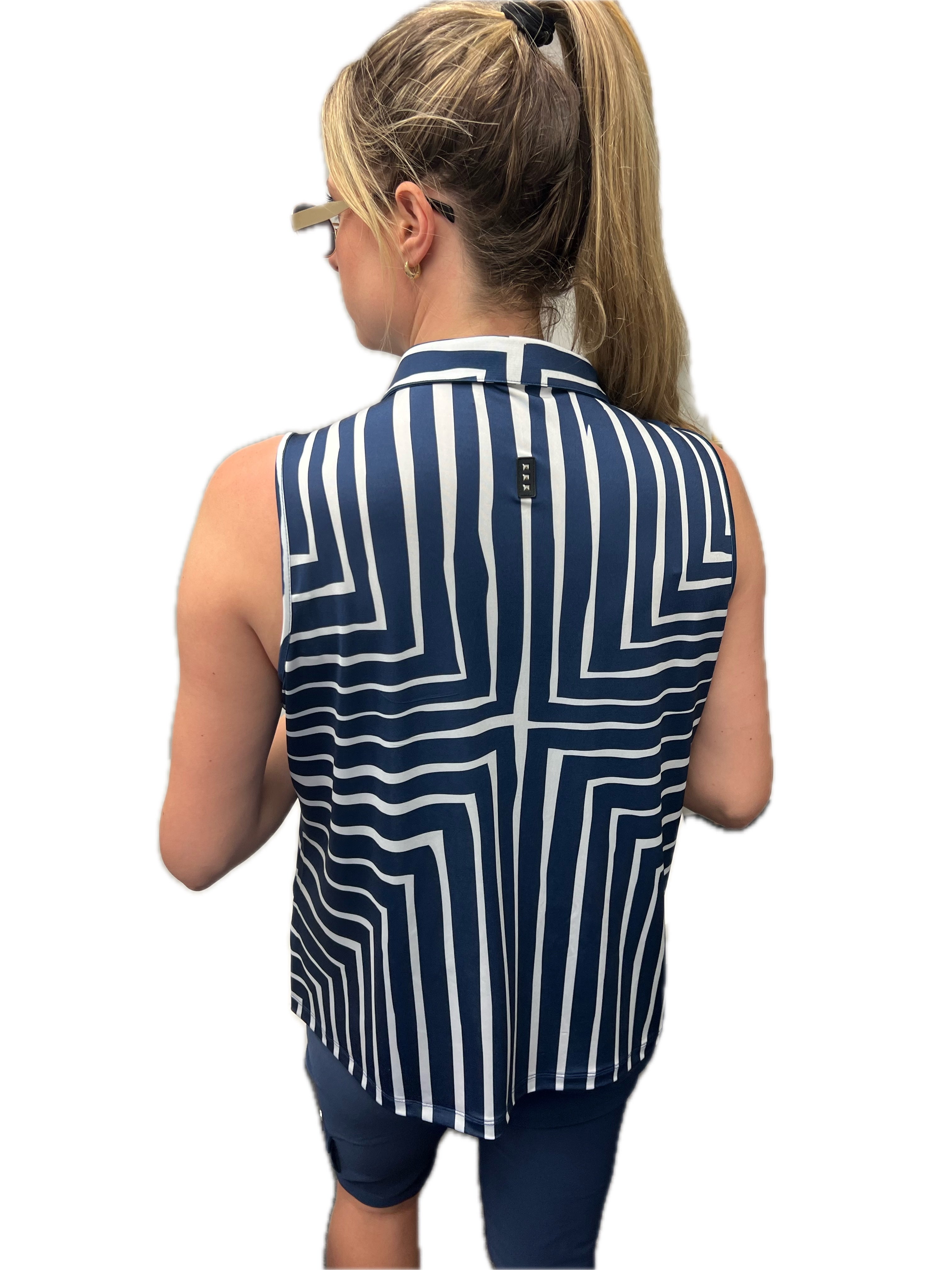 Jamie Sadock Spirit Basic Collection: Women's Sleeveless Shirt-Navy Geometric Print