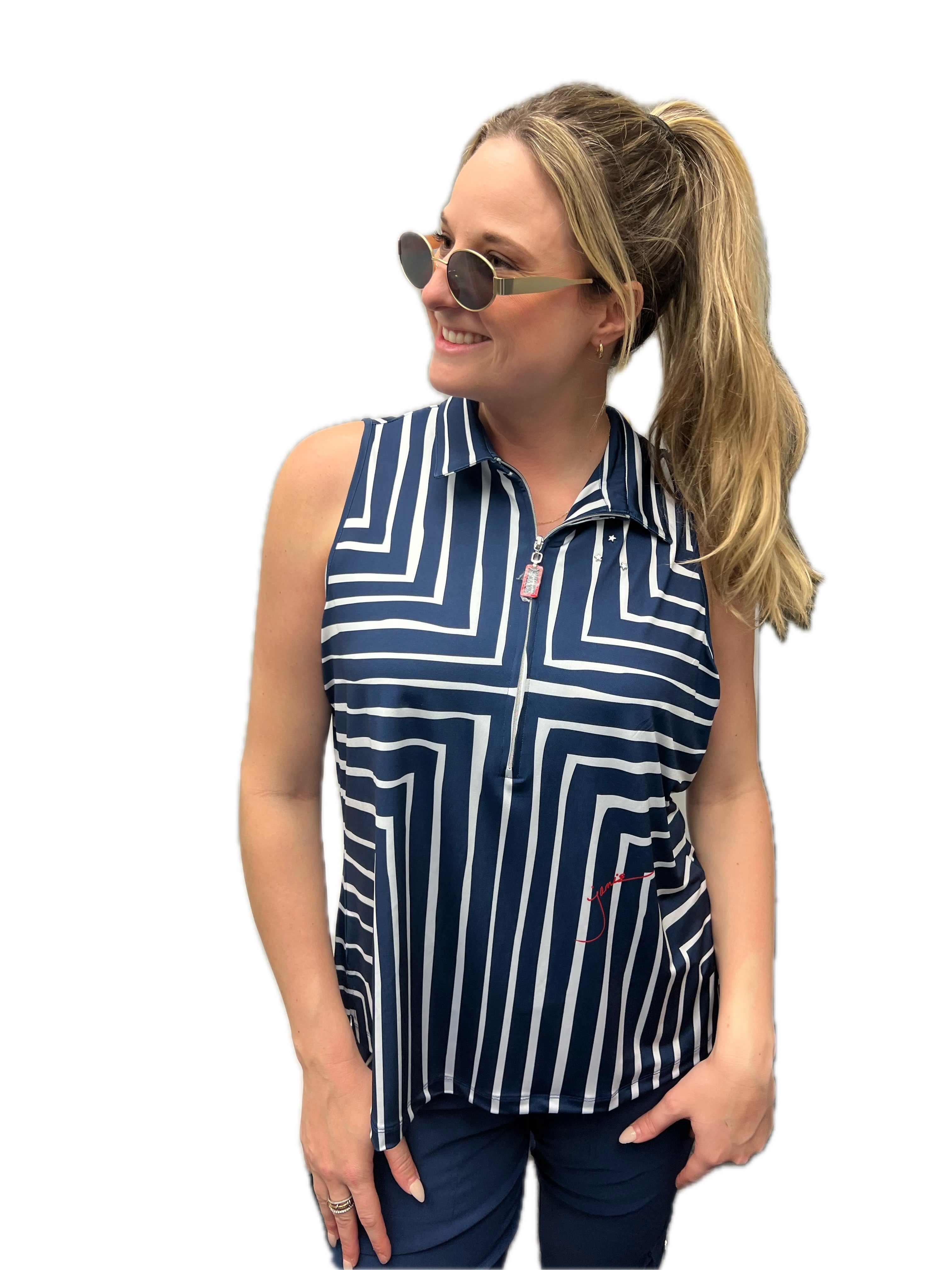 Jamie Sadock Spirit Basic Collection: Women's Sleeveless Shirt-Navy Geometric Print