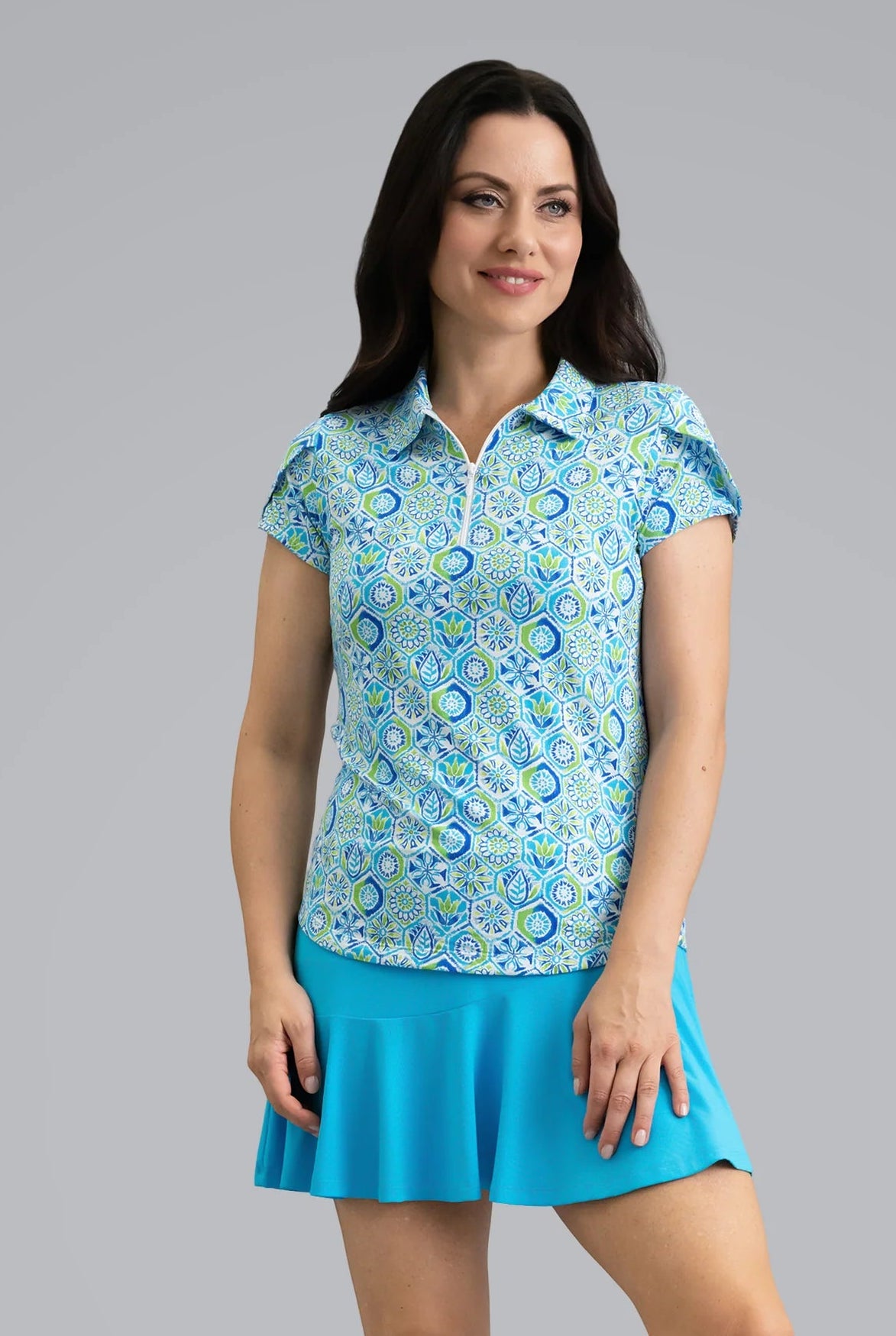 IBKUL Alexis Print Tulip Short Sleeve Sun Protection Shirt-Lime/Blue/Turquoise