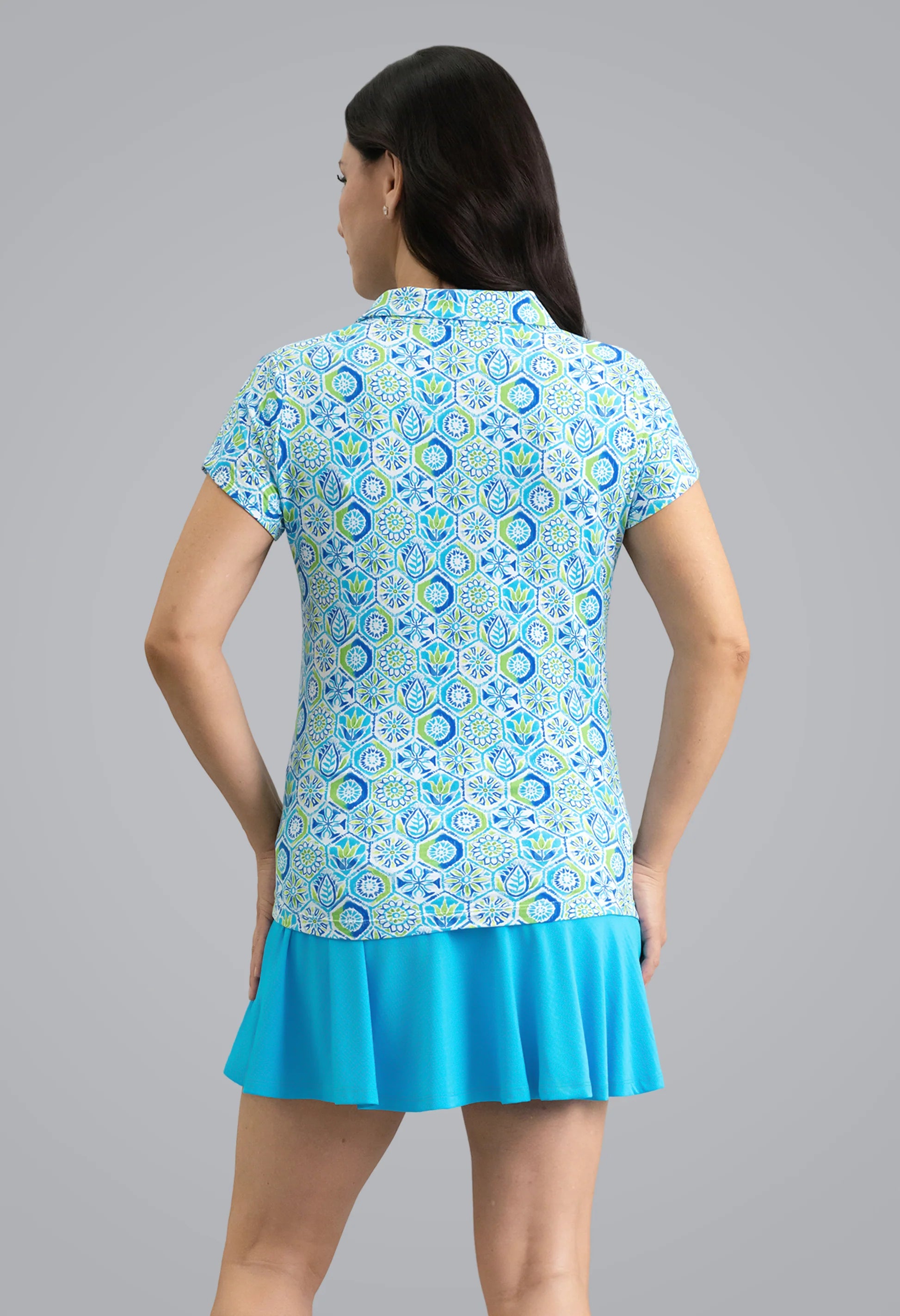 IBKUL Alexis Print Tulip Short Sleeve Sun Protection Shirt-Lime/Blue/Turquoise