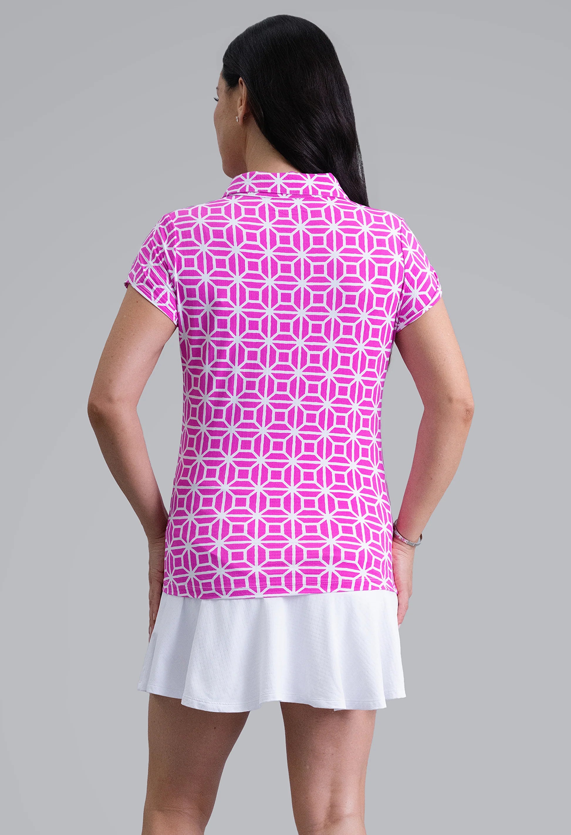 IBKUL Carolyn Print Tulip Short Sleeve Sun Protection Shirt-Hot Pink