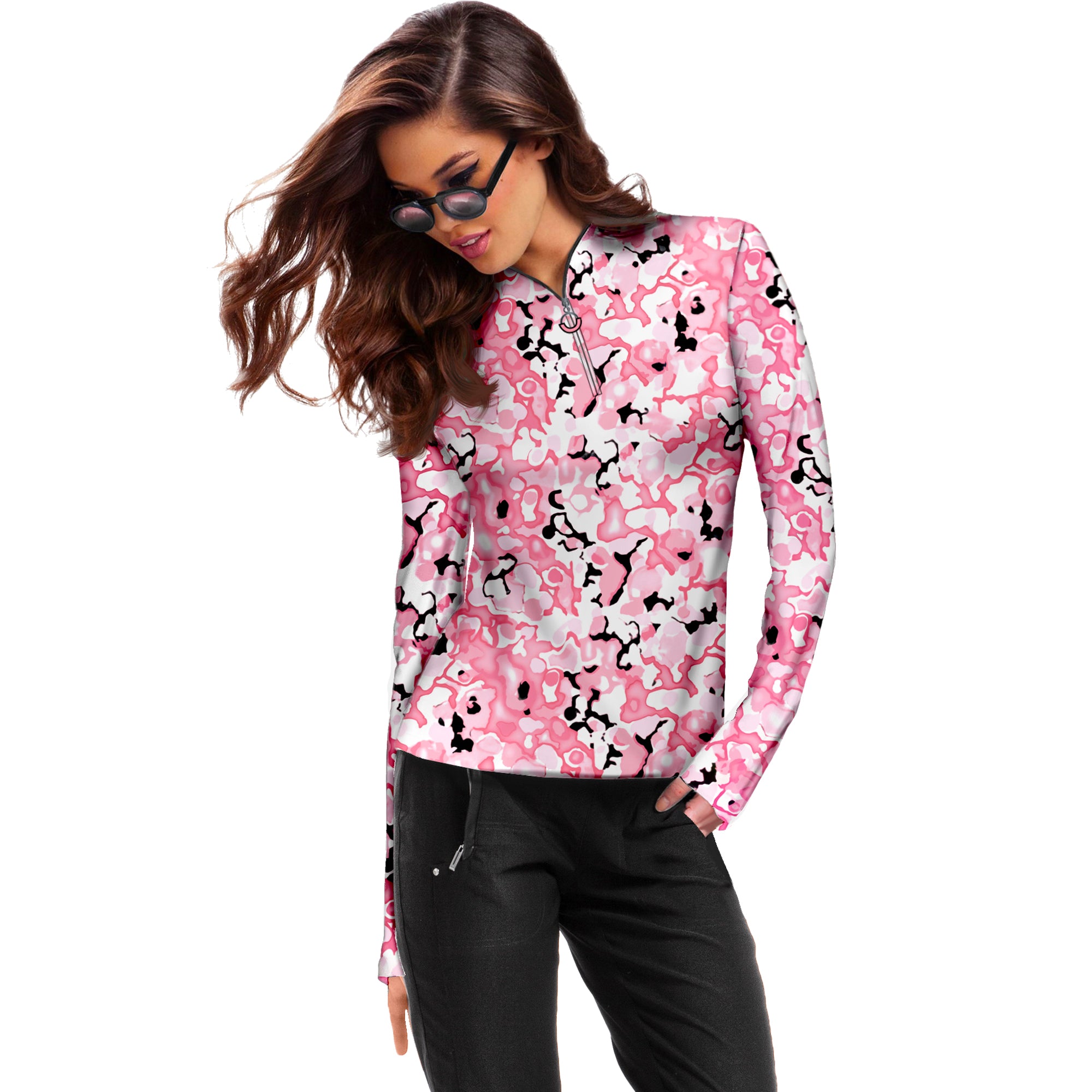Jamie Sadock Basic Sunsense Long Sleeve Ultralight Sun Shirt-Pink/White/Black Geometric Print
