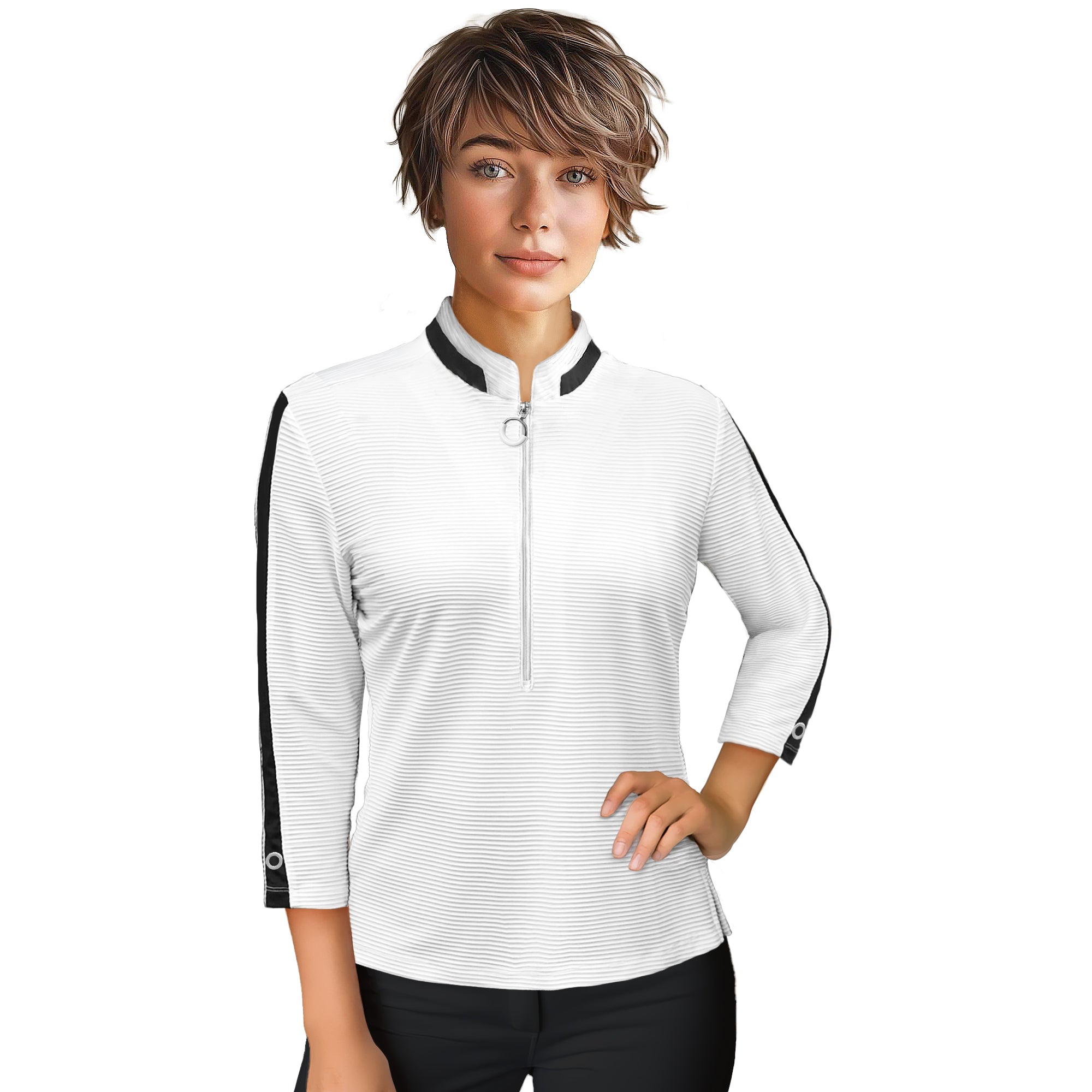 Jamie Sadock Black and White 3/4 Sleeve Collection: Black/White Trimmed Shirt