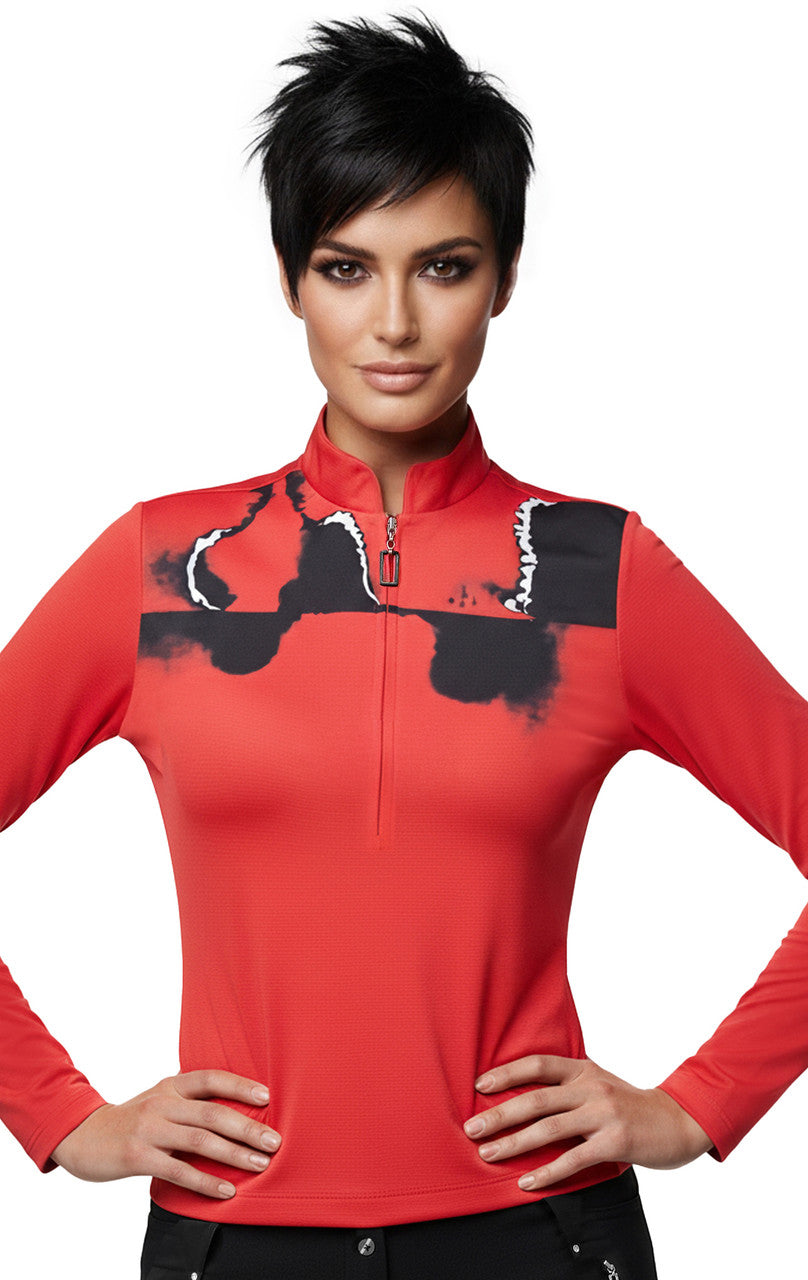 Jamie Sadock Basic Sunsense Long Sleeve Ultralight Sun Shirt-Red/Black Flare Print