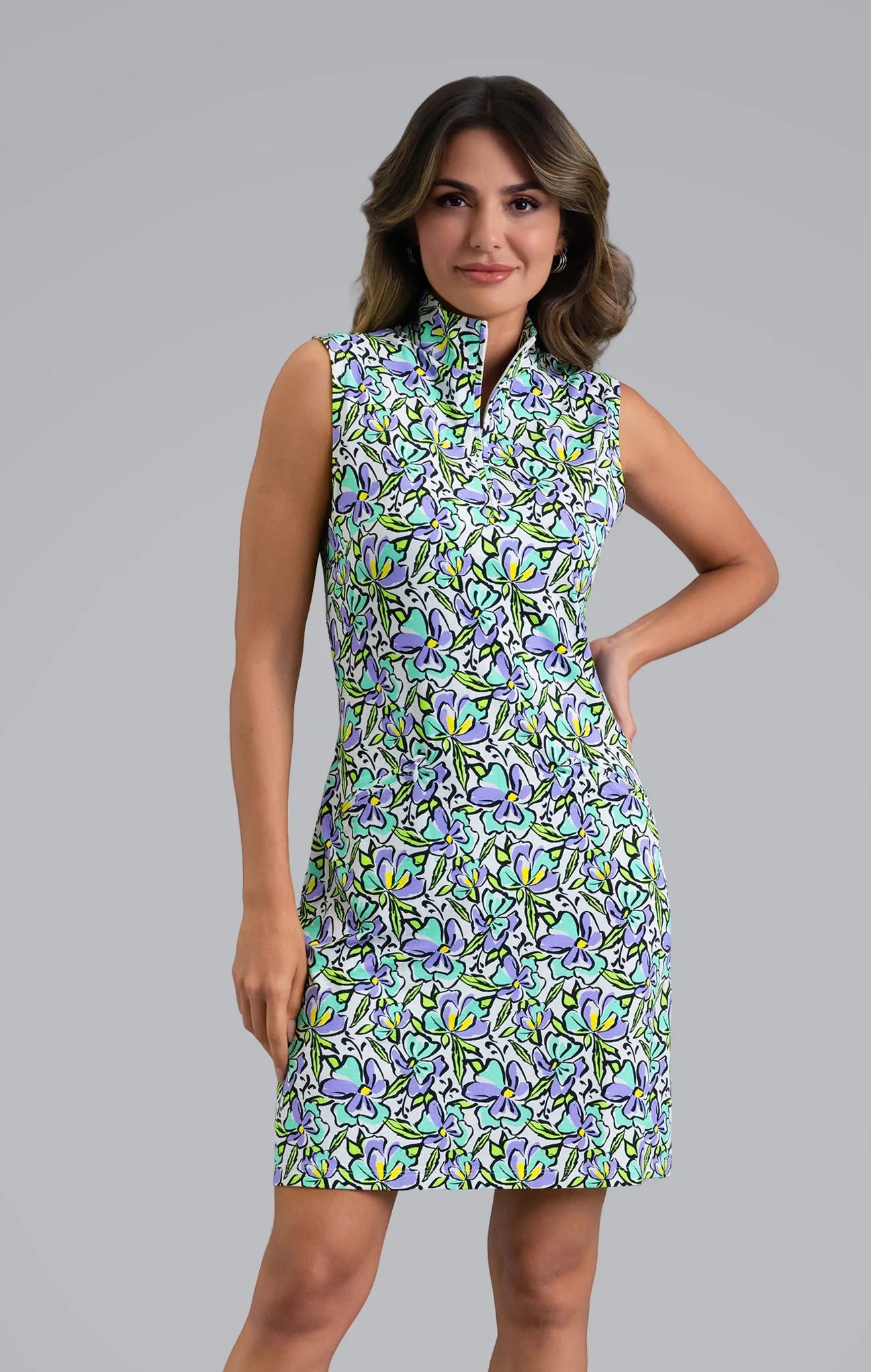 IBKUL Women's Sonia Print Sleeveless Mock Dress-Jade/Lavender