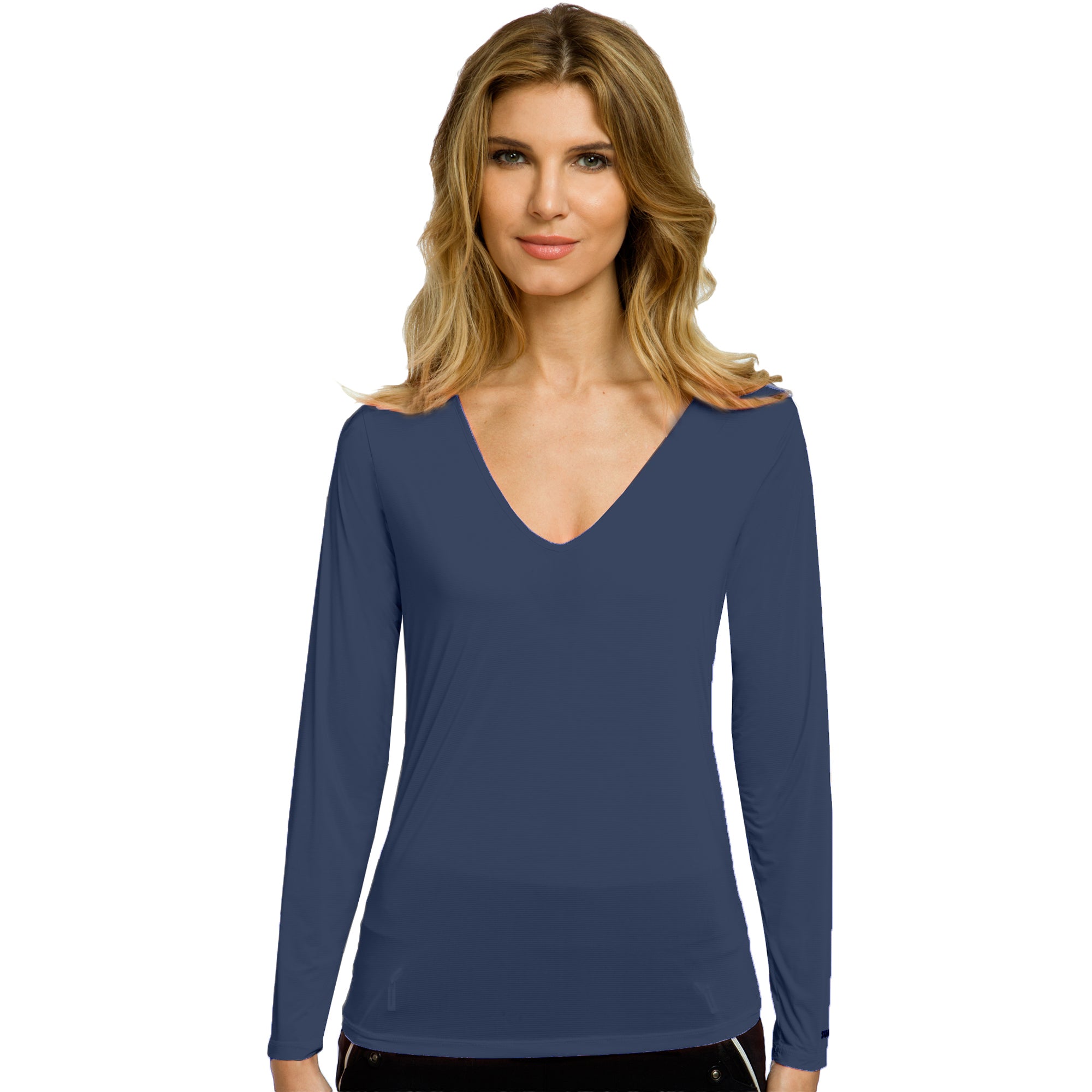 Jamie Sadock Sunsense Basic Women's Sun Protection Long Sleeved V-Neck Shirt-White, Black, Tan, Navy Blue