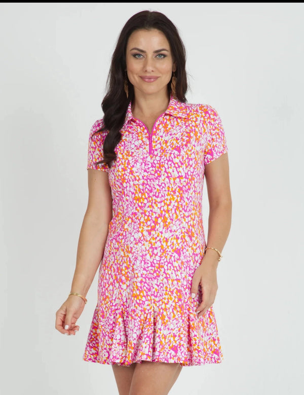 IBKUL Women's Naomi Print Short Sleeve Godet Dress-Hot Pink