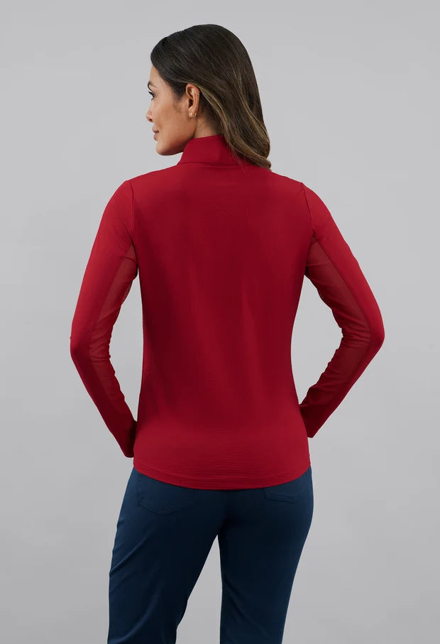 IBKUL Women's Long Sleeved Solid Mock Neck Golf Sun Protection Shirt-Ruby Red
