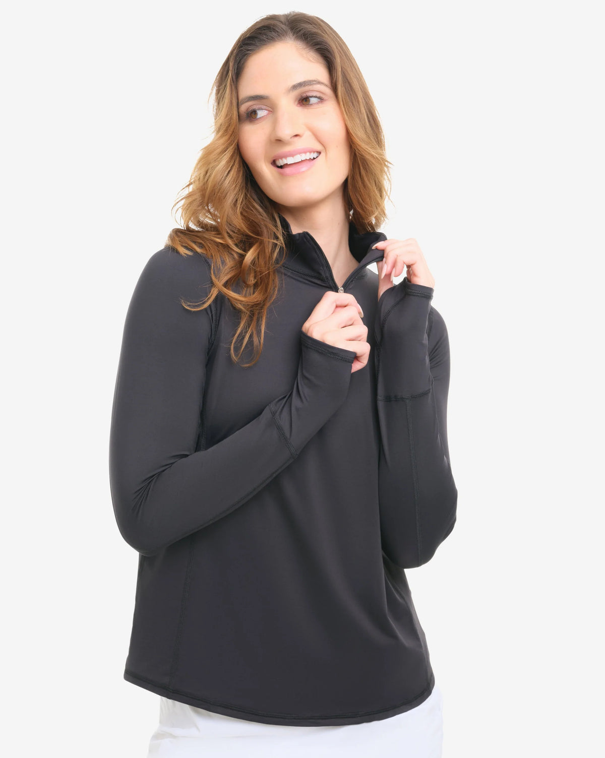 Bloq UV Women's Long Sleeved Relaxed Fit Solid Mock Neck Golf Sun Protection Shirt-Black