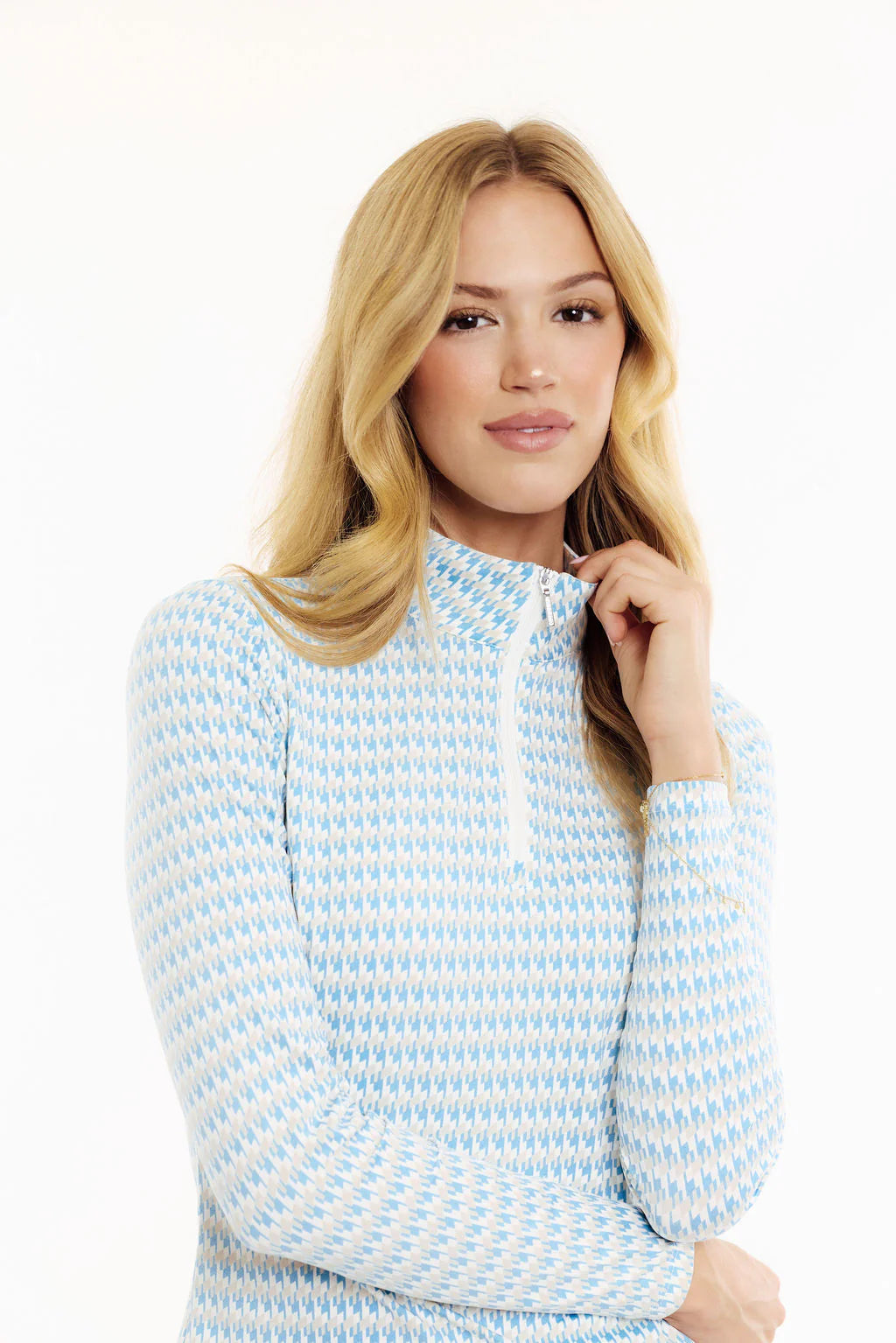 GG Blue Ocean Breeze Houndstooth Ice Long Sleeved Shirt-Shell Blue/Tan