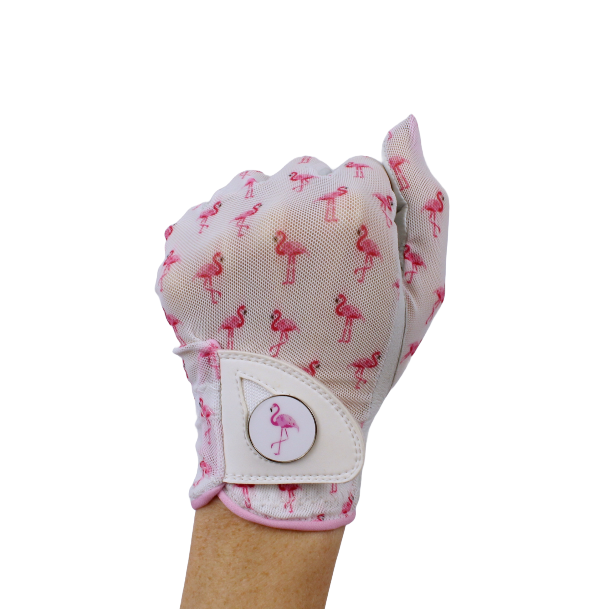 BOG Golf Glove Printed Lycra and Leather palm with Matching Ballmarker-Flamingo Print