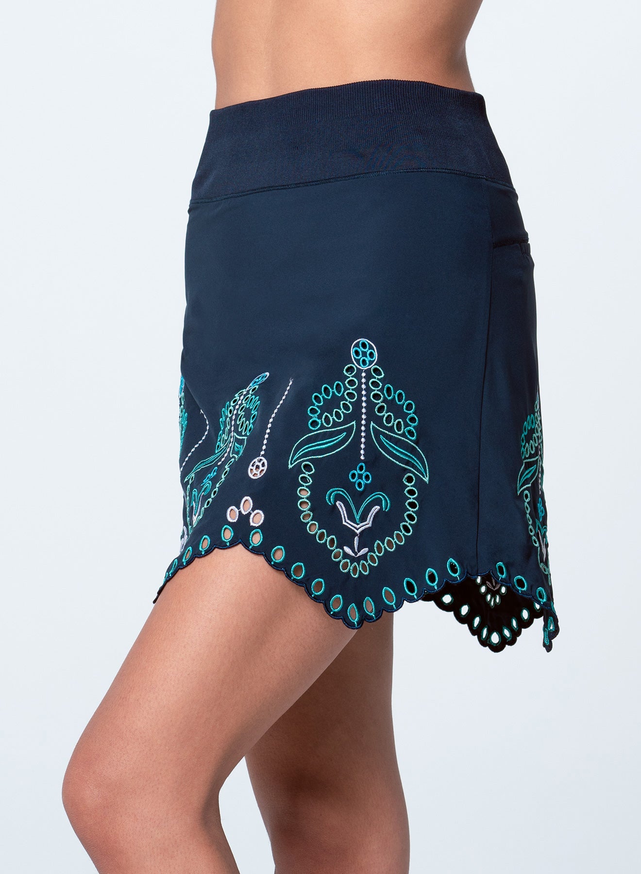 Lucky in Love Eyelet You Win 16" Skort-Midnight with Aqua/White Embroidery