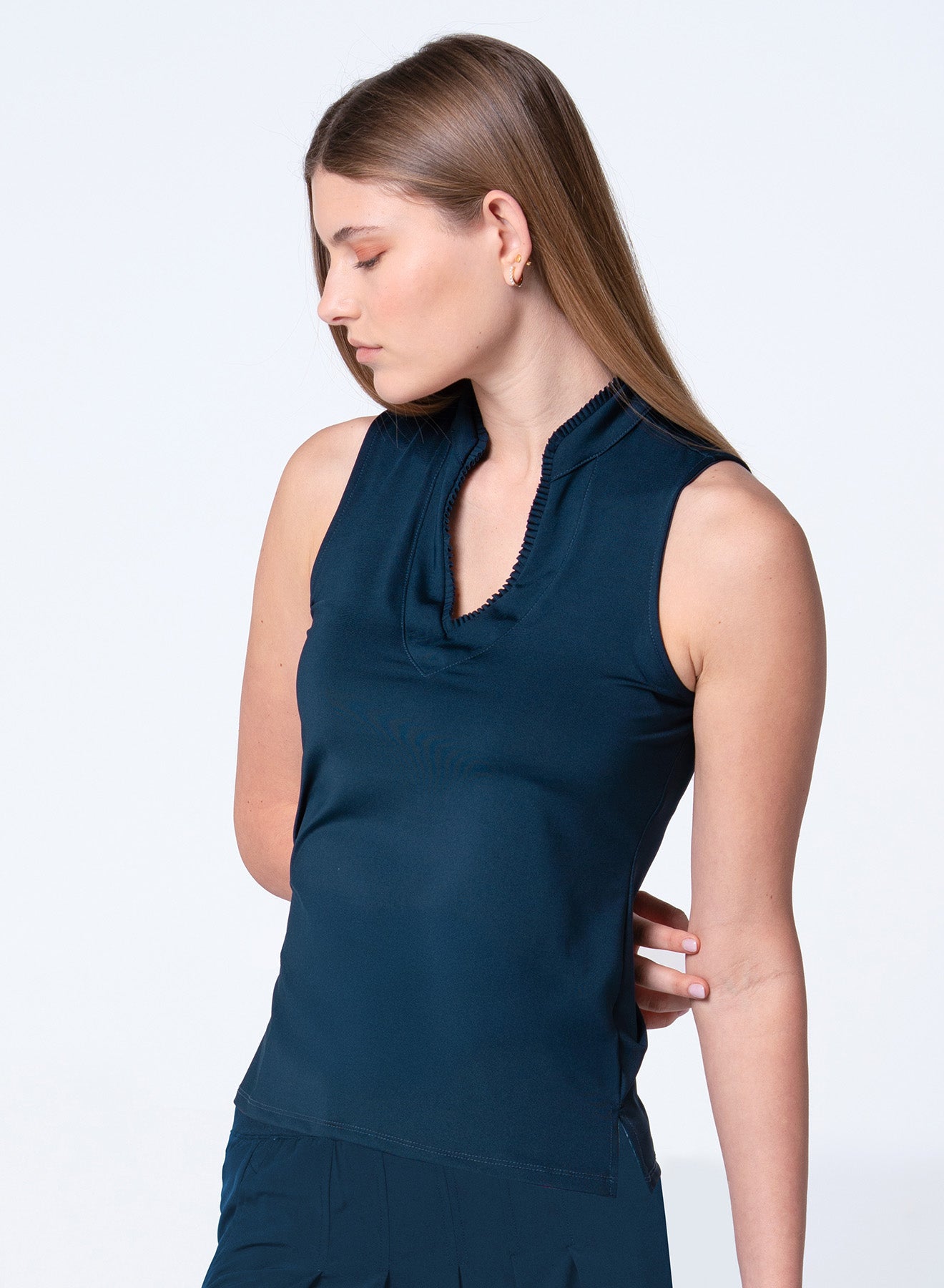Lucky in Love Pleated Placket Sleeveless Shirt-Midnight Navy