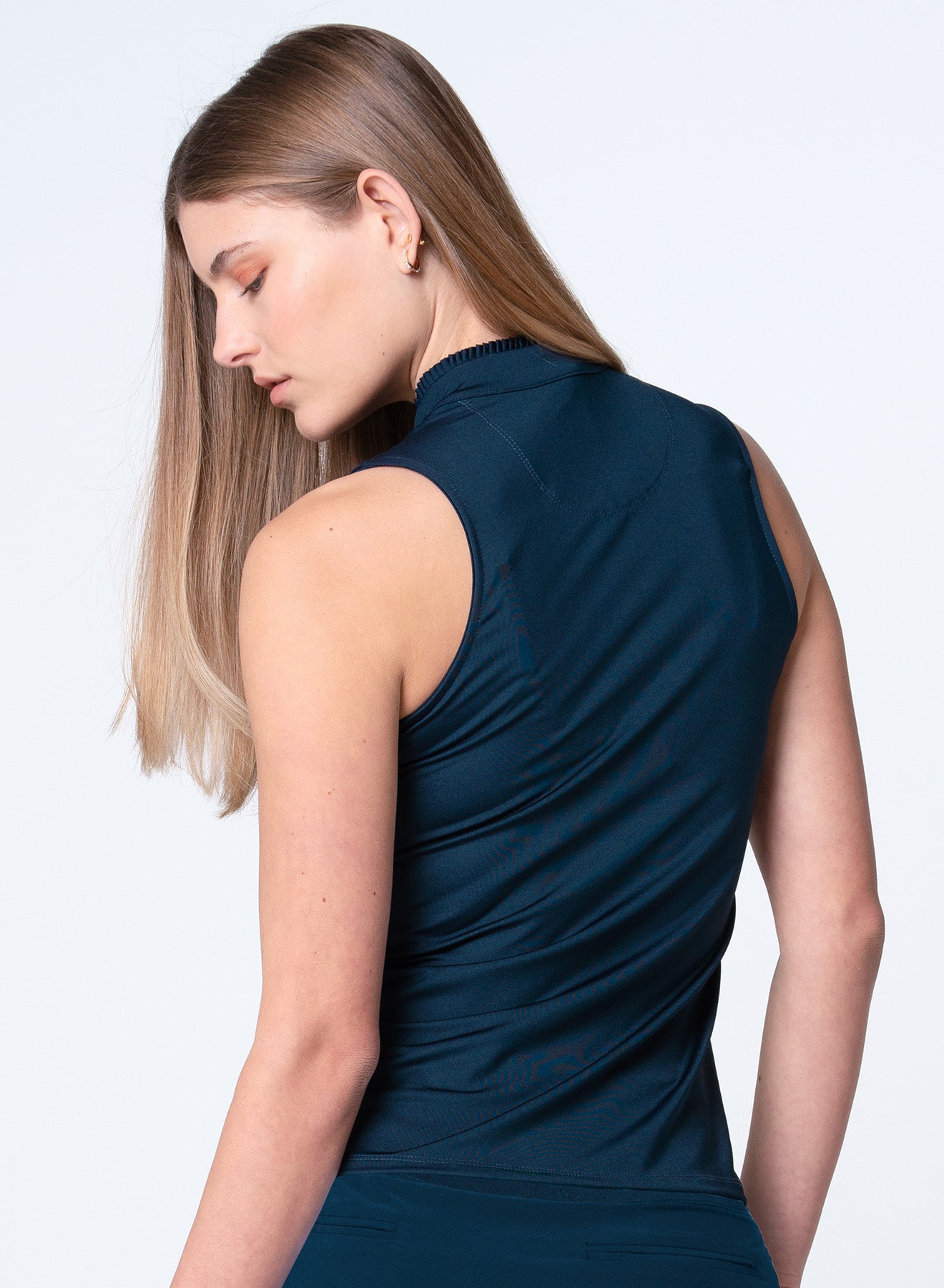 Lucky in Love Pleated Placket Sleeveless Shirt-Midnight Navy