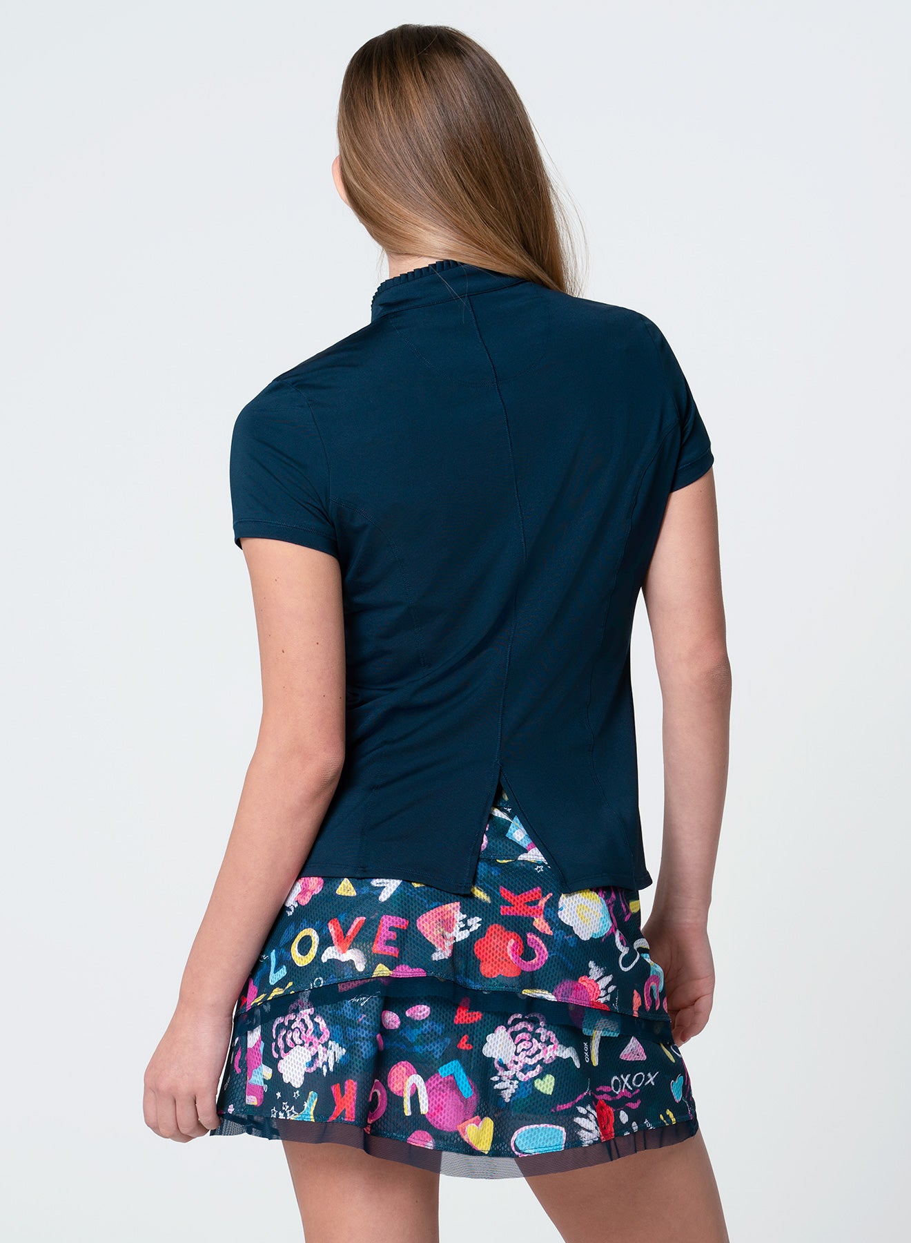 Lucky in Love Pleated Placket Short Sleeve Shirt-Midnight Navy