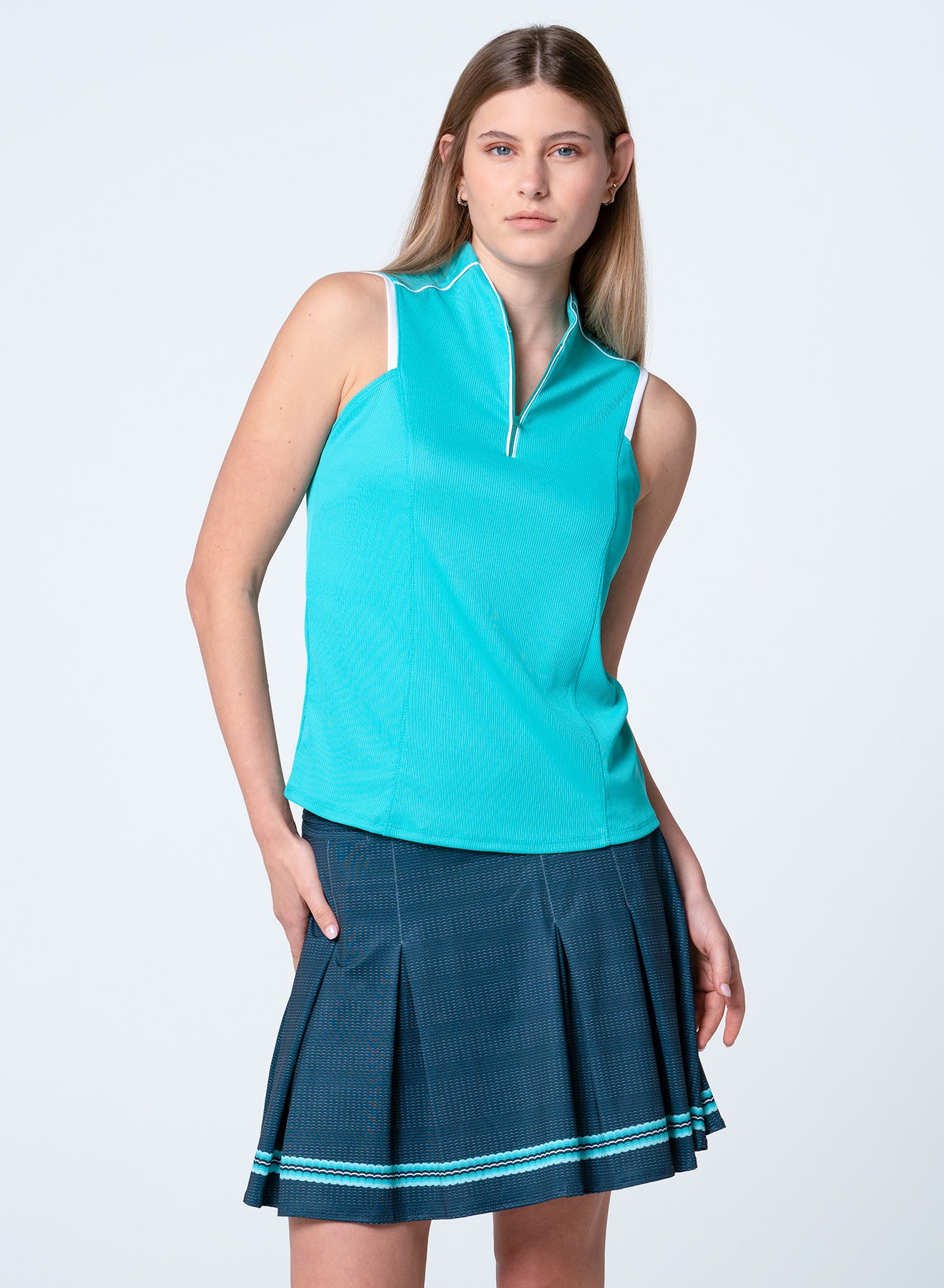 Lucky in Love Eyelet You Win Mandarin Collar Sleeveless Shirt-Aquamarine/White