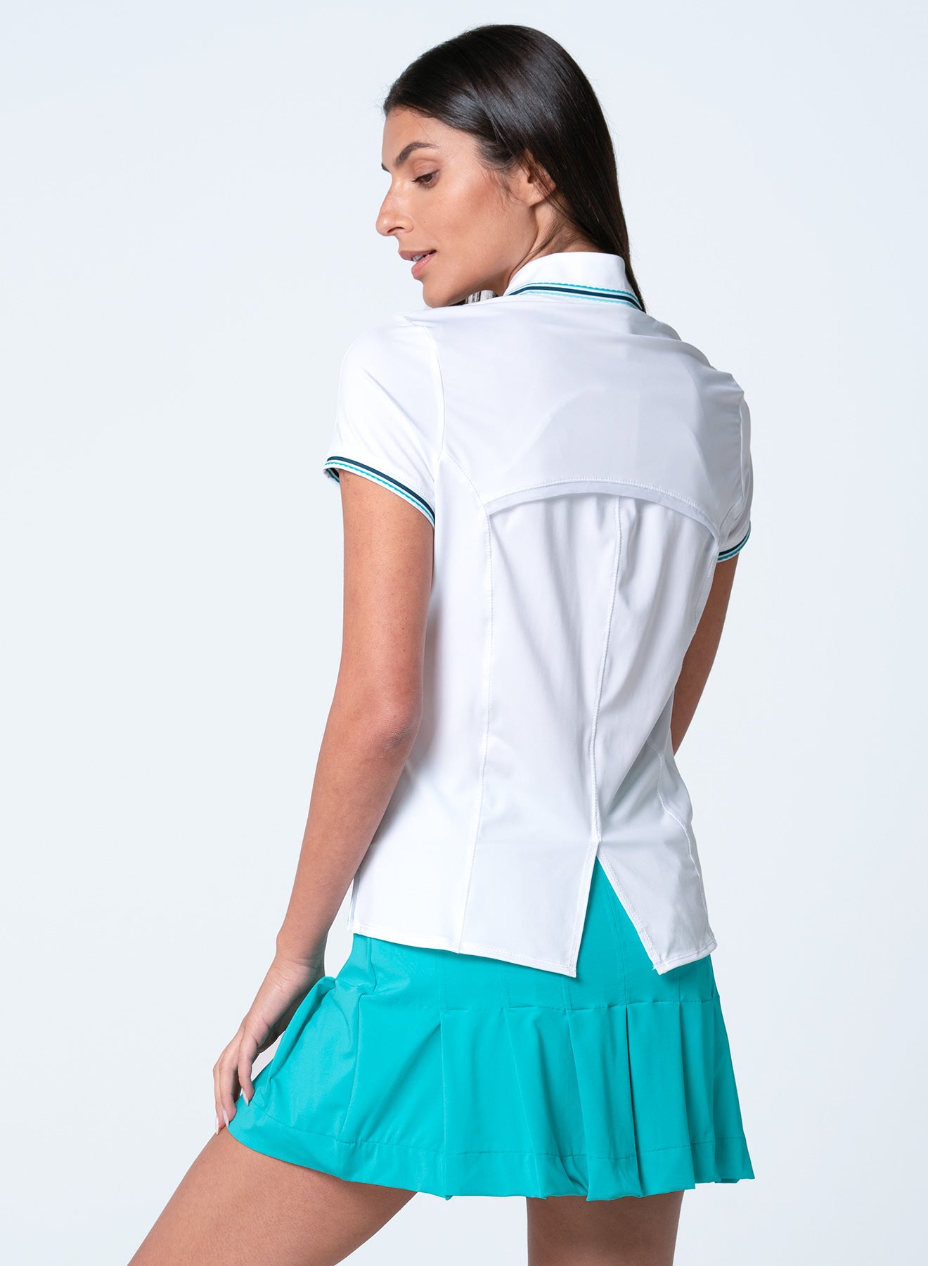 Lucky in Love Eyelet to Win Performance Trimmed Short Sleeved Shirt-White/Aqua/Midnight