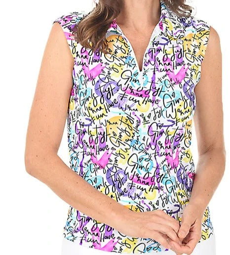 IBKUL Women's Angie Print Sleeveless Golf Sun Shirt-Hot Pink