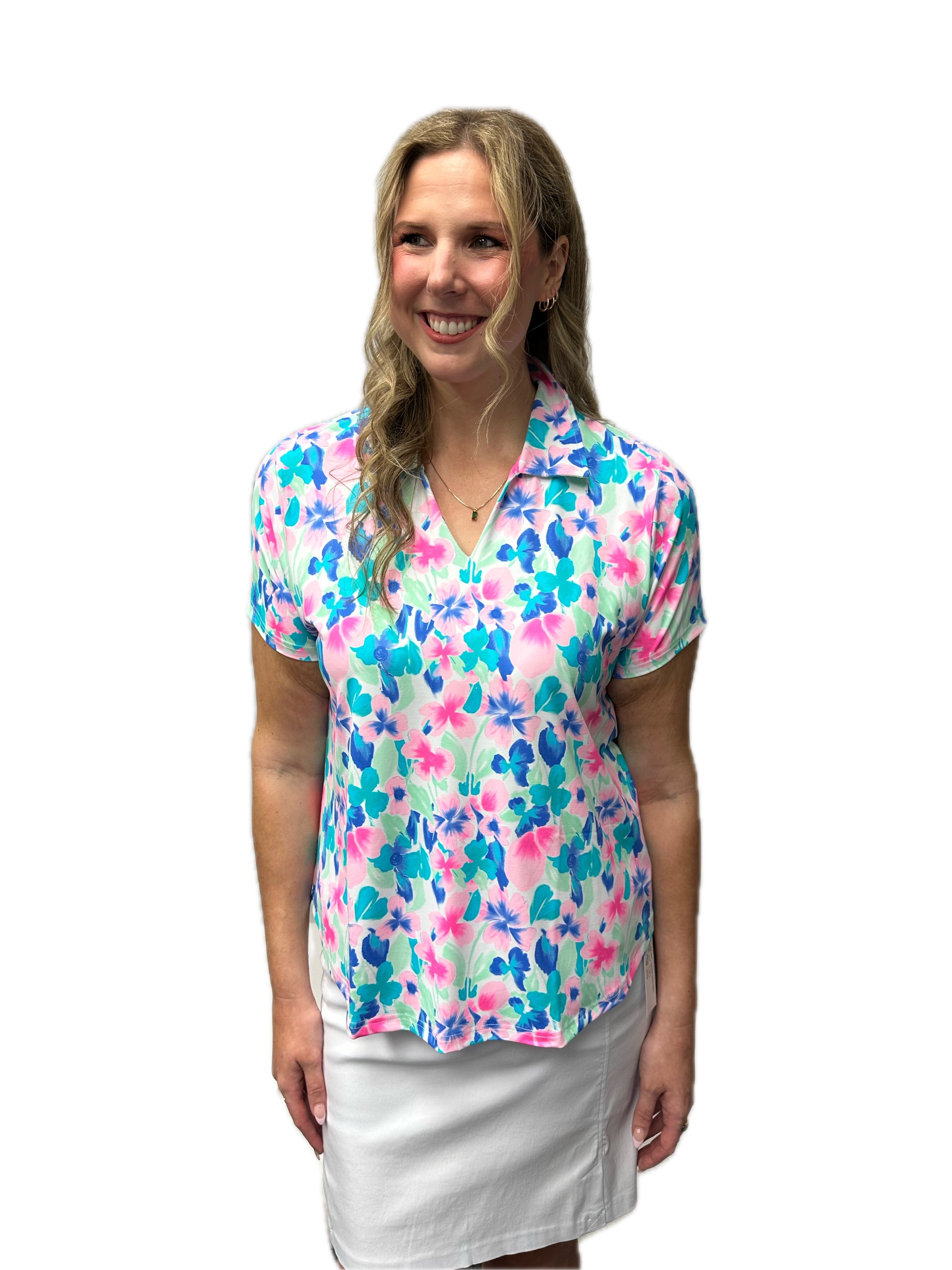 Lulu-B Women's Floral Print V Neck Short Sleeved Shirt
