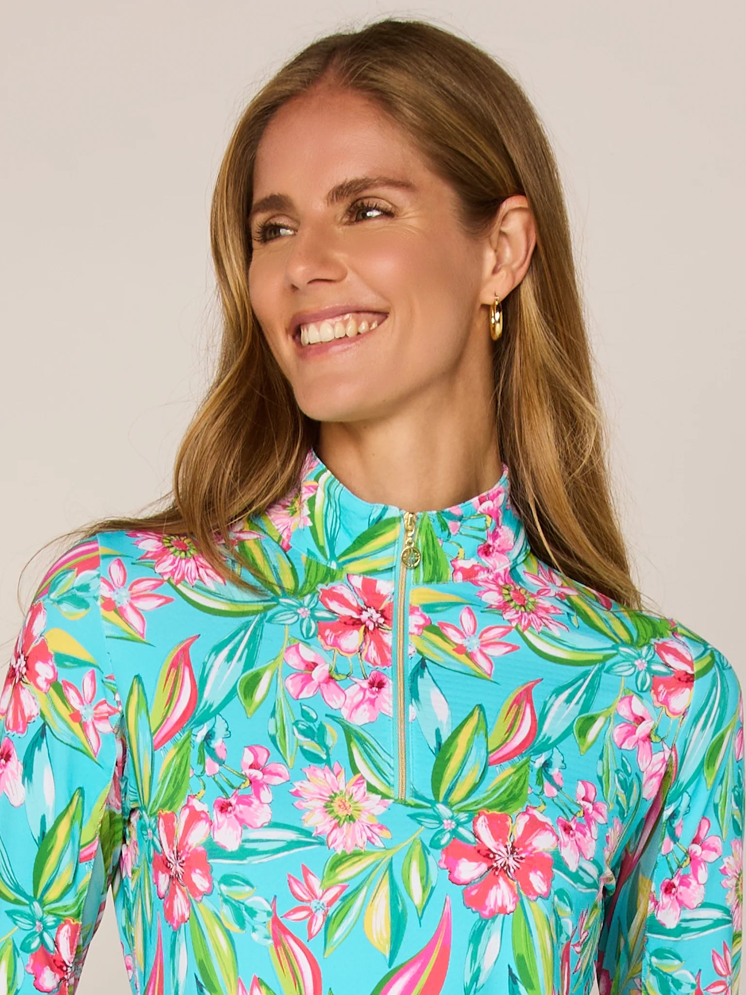 G Lifestyle Multi Blooming Flower Quarter Zip Sun Protection Long Sleeve Moc Neck Shirt-Aqua Print