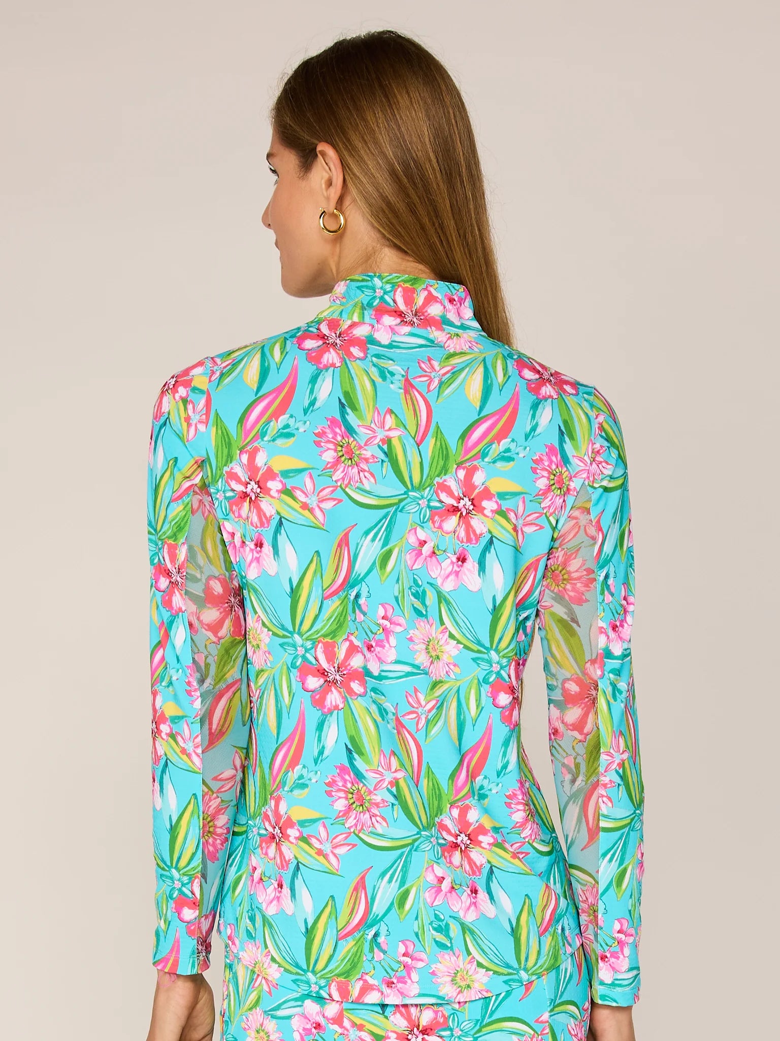 G Lifestyle Multi Blooming Flower Quarter Zip Sun Protection Long Sleeve Moc Neck Shirt-Aqua Print